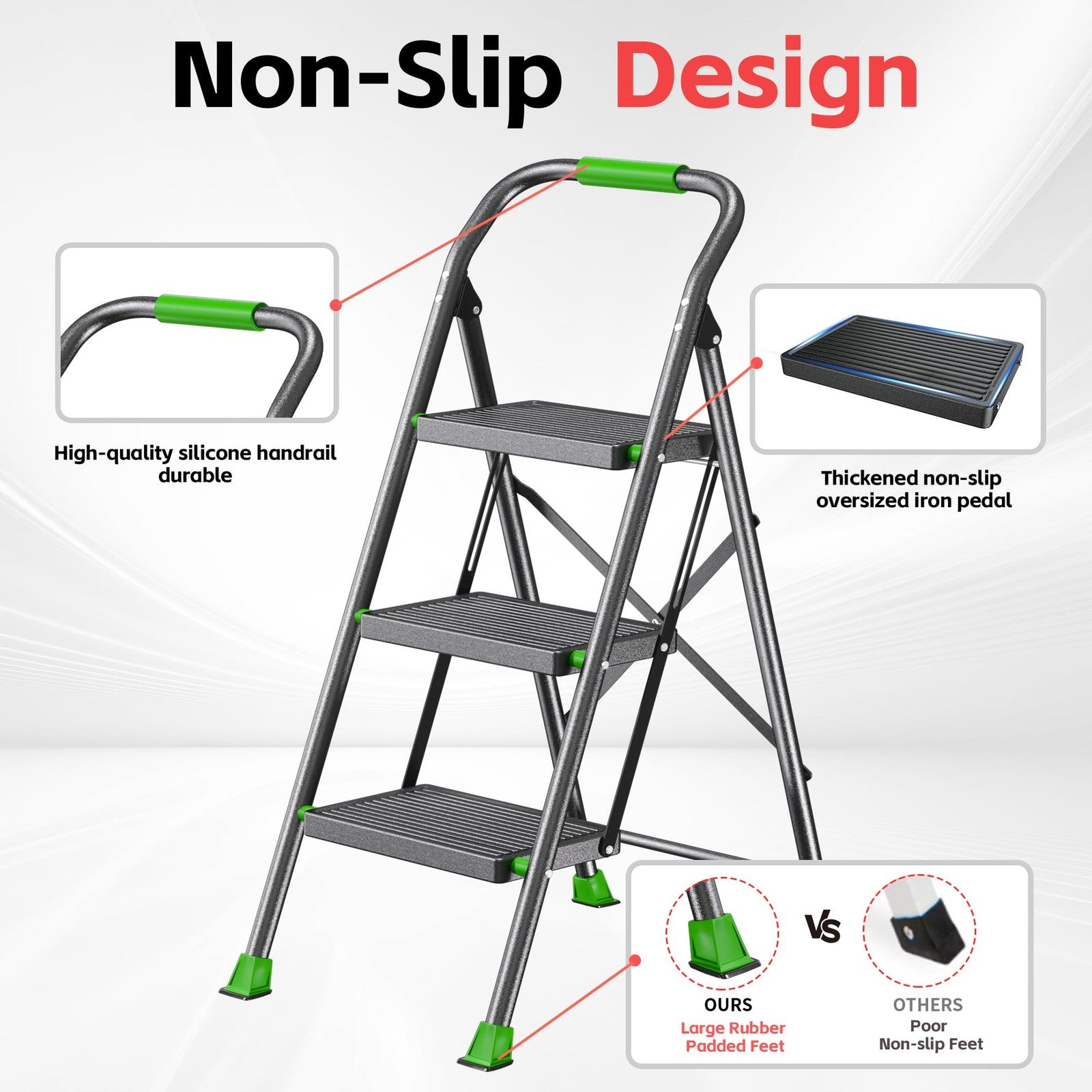 Foldable DIAMONDFORGE step ladder with three steps, suitable for home, kitchen, and adult use, featuring an extendable design.