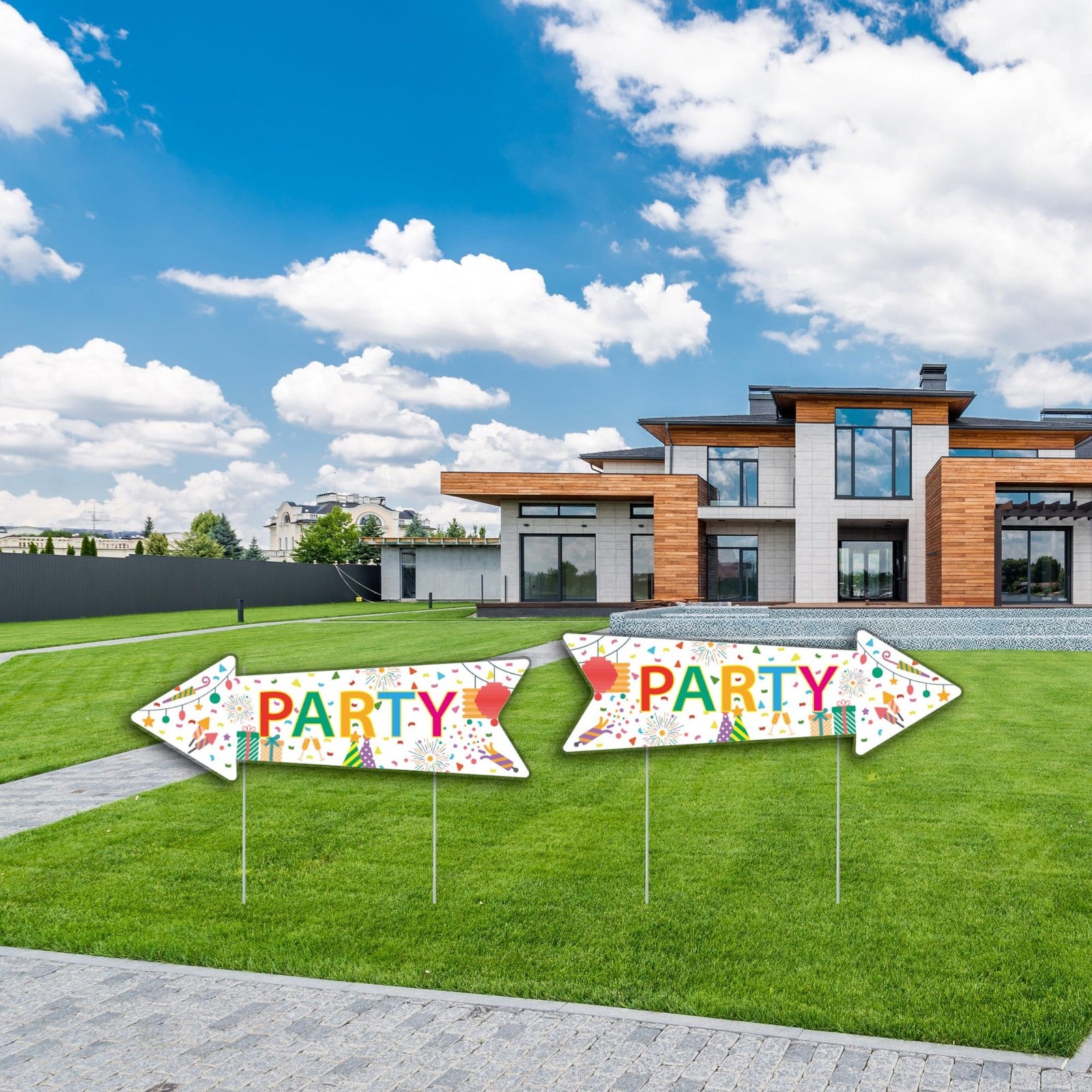 WHWHW party signs with stakes, double-sided corrugated signs measuring 16x5 inches, suitable for event decoration or direction.