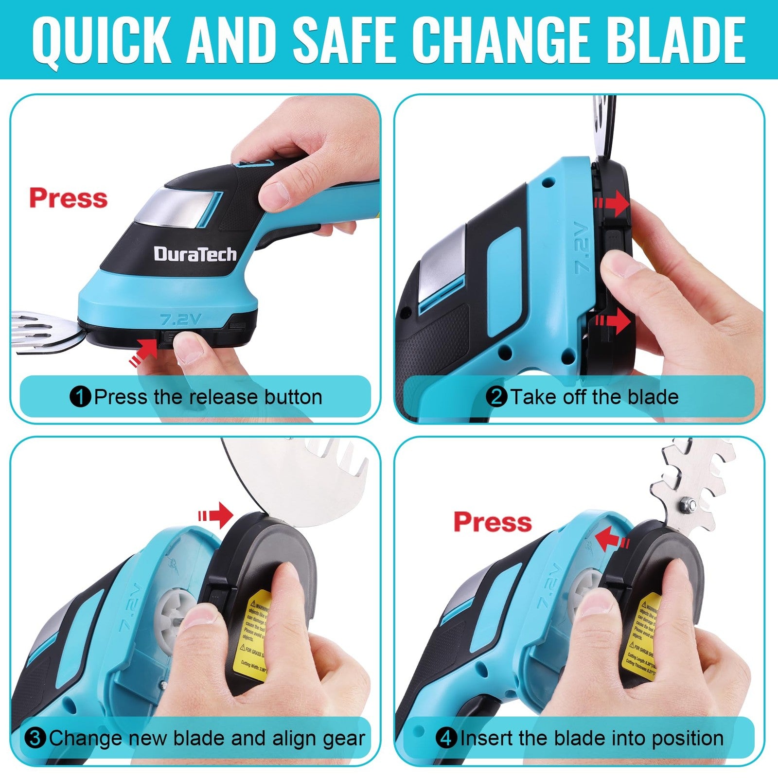 DURATECH cordless hedge trimmer and grass trimmer with 7.2V rechargeable battery, handheld, lightweight garden tool.