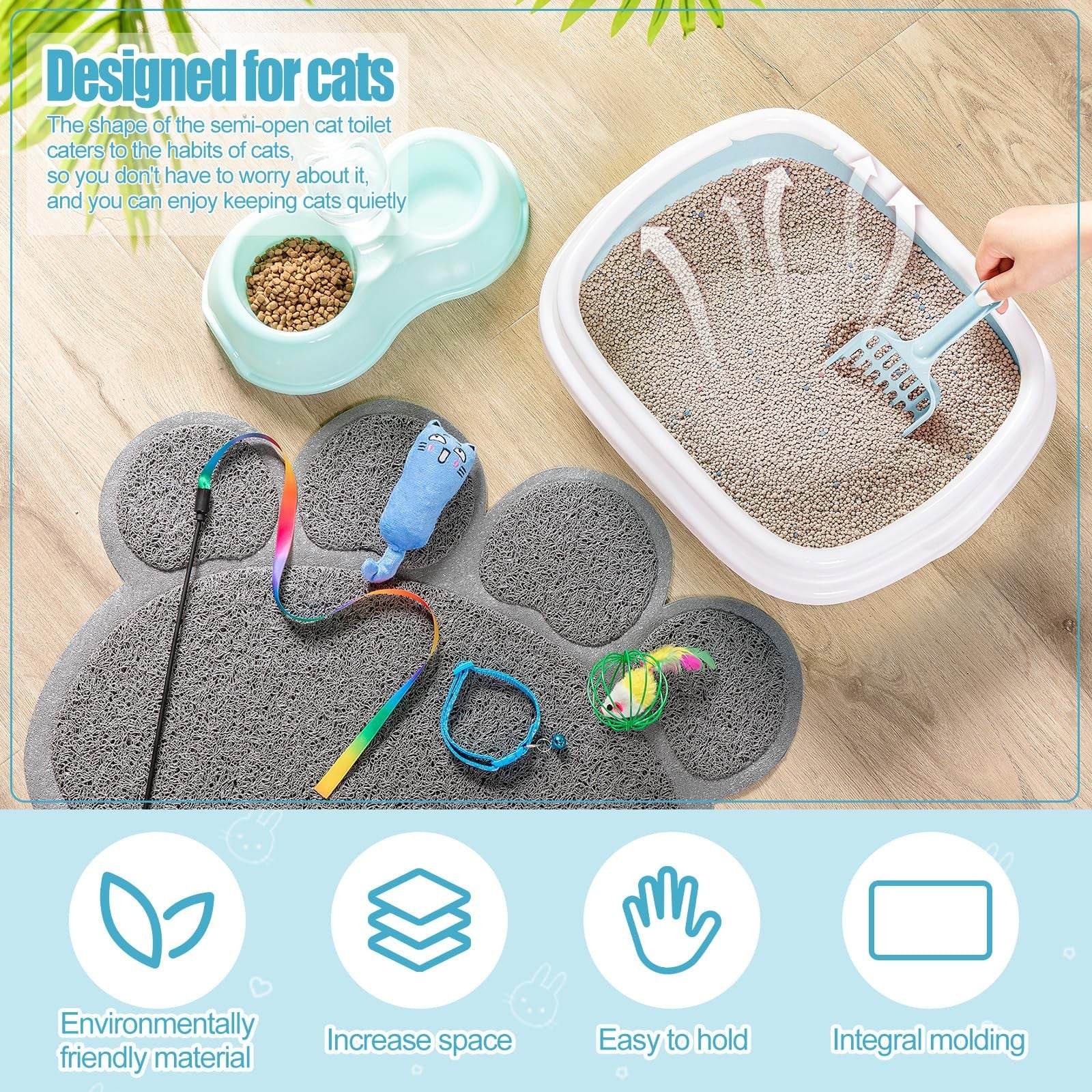 Small Kitten Starter Kit with blue litter box, scoop, mat, bowl, toys, and adjustable collar by Tioncy