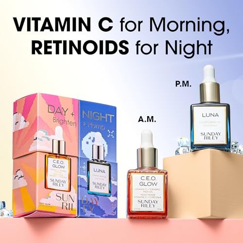 Sunday Riley Day + Night Brighten and Plump Set featuring Vitamin C and Retinol face oils in elegant bottles.