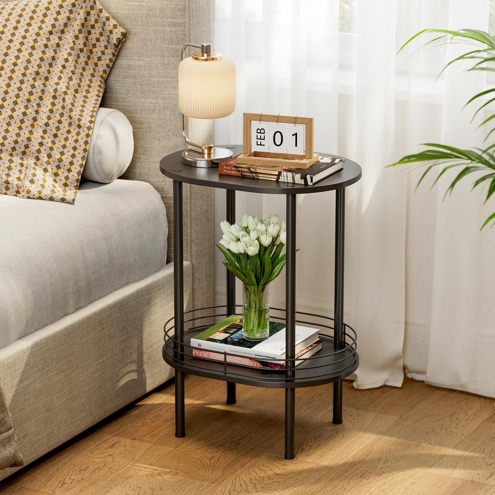 Small modern oval side table with storage, two-tier design from DGSANDGO, featuring a sturdy frame for living room use.