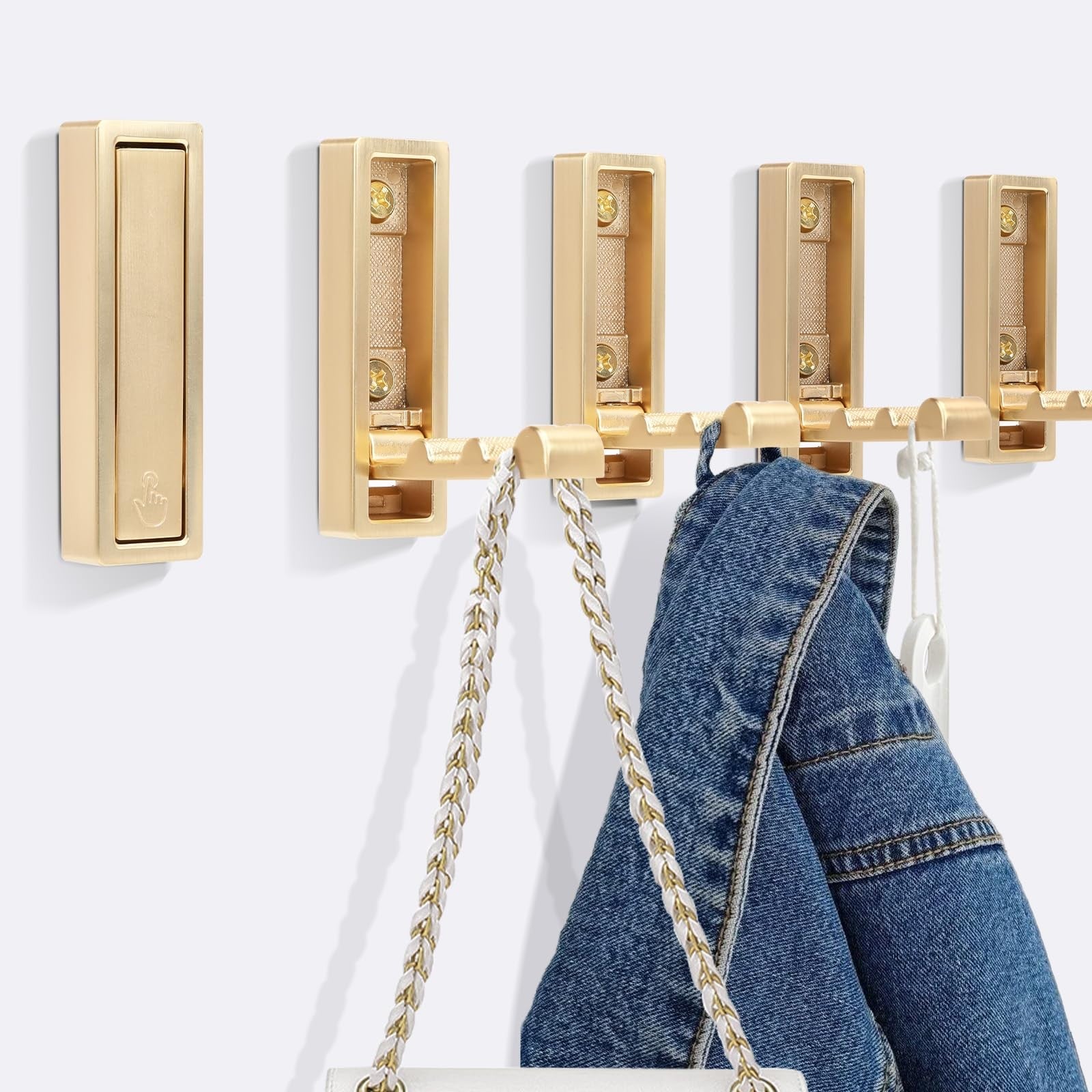 Set of 5 heavy-duty gold zinc alloy folding coat hooks mounted on a wall, suitable for coats and scarves.