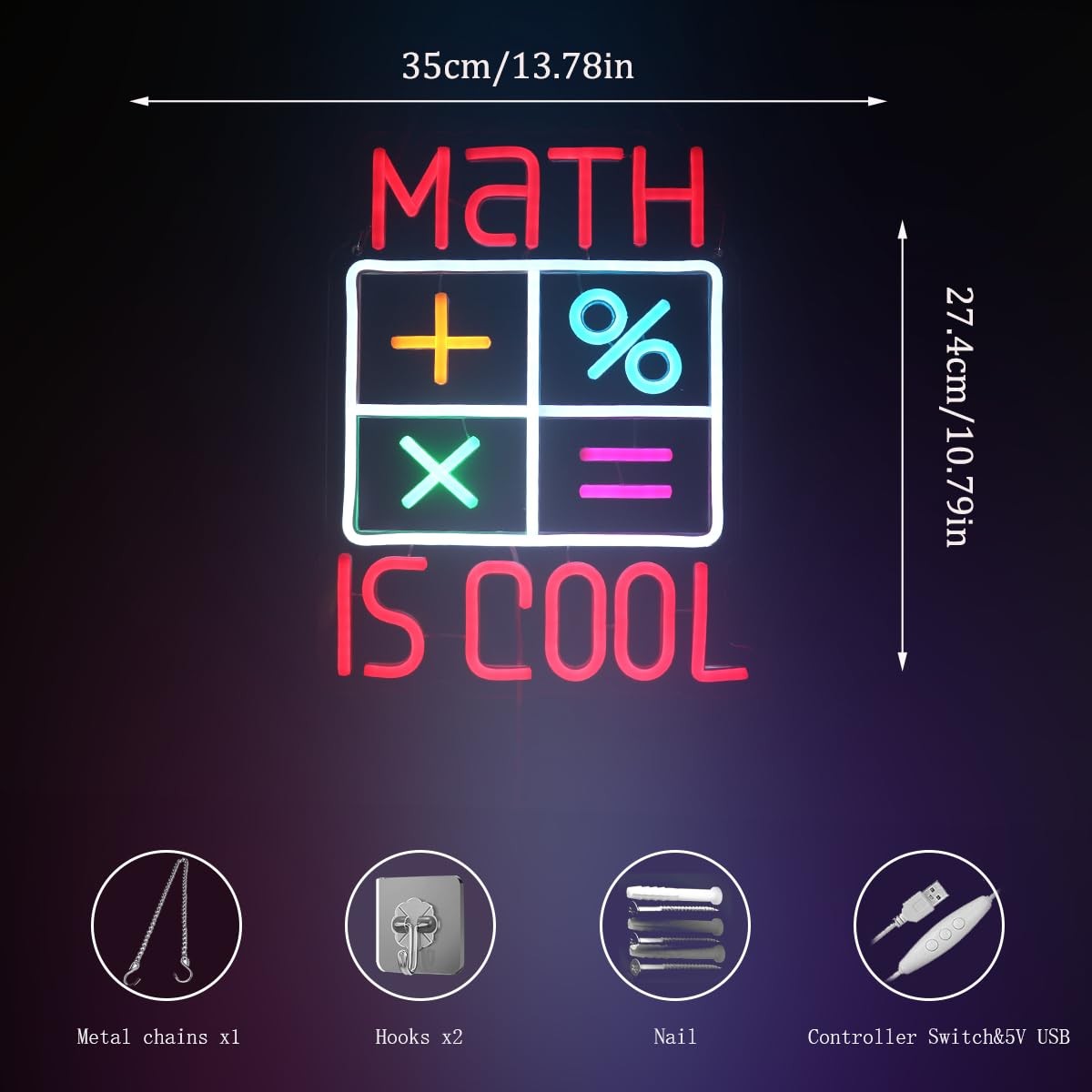 Nordstylee Math Is Cool neon sign featuring a math lover LED light with bookish design, ideal for classroom decor.