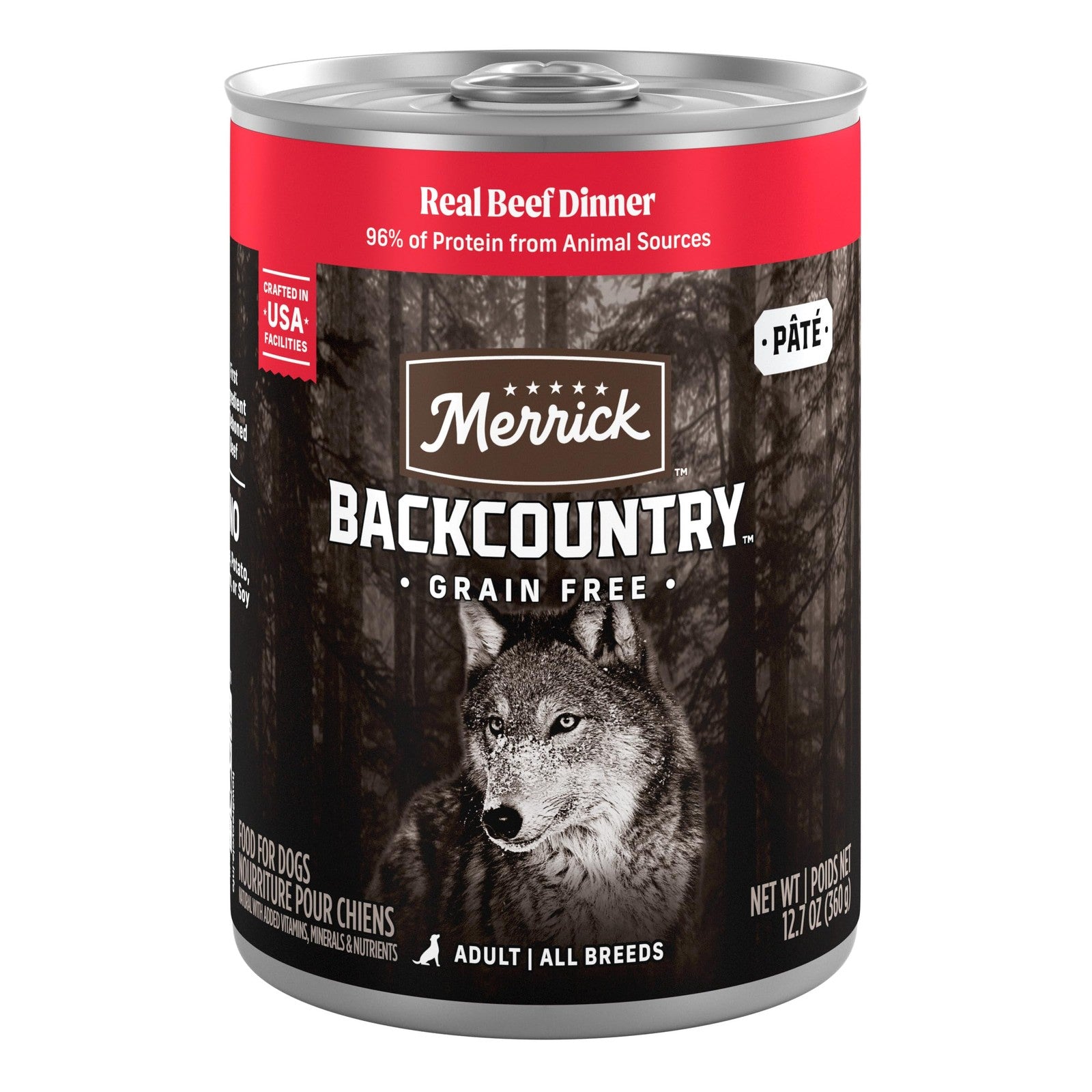 Canned Merrick Backcountry Grain-Free Premium Dog Food with soft, healthy meat chunks in savory gravy for dogs.