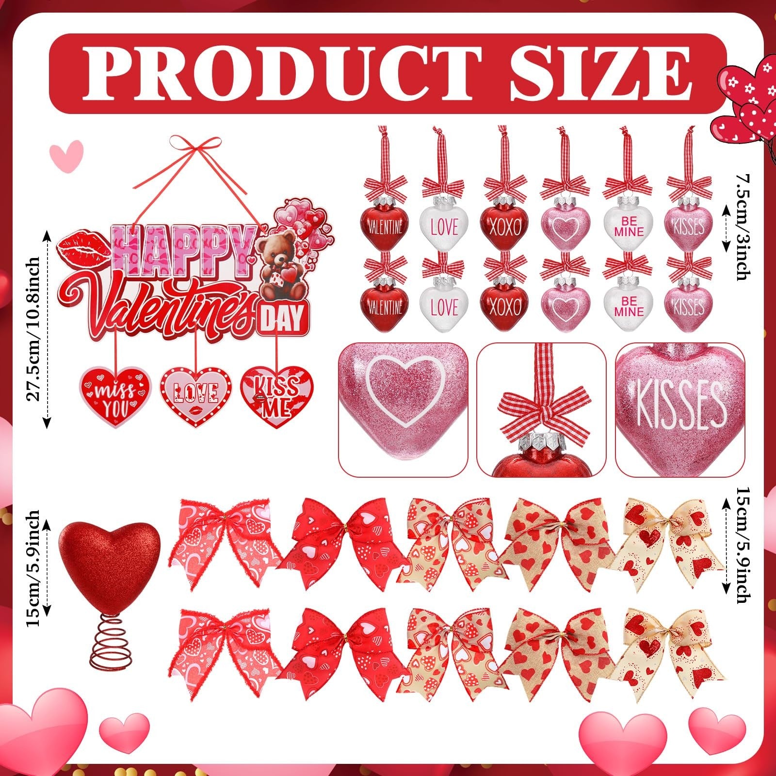 Halfchet 43-piece Valentine's Day tree decorations with hanging ornaments, featuring red and pink hearts and love-themed designs.