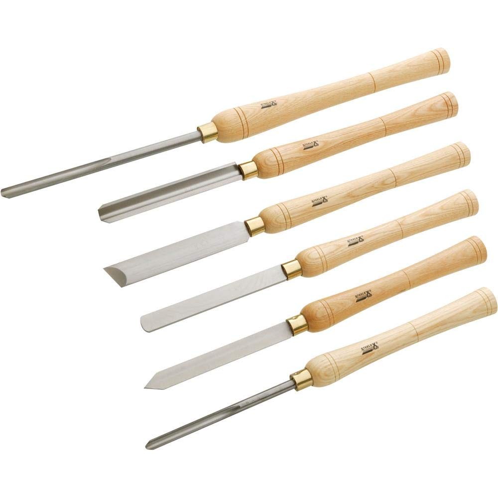 Set of six Steelex Plus D2304 Deluxe HSS lathe chisels with wooden handles, displayed on a tool holder.