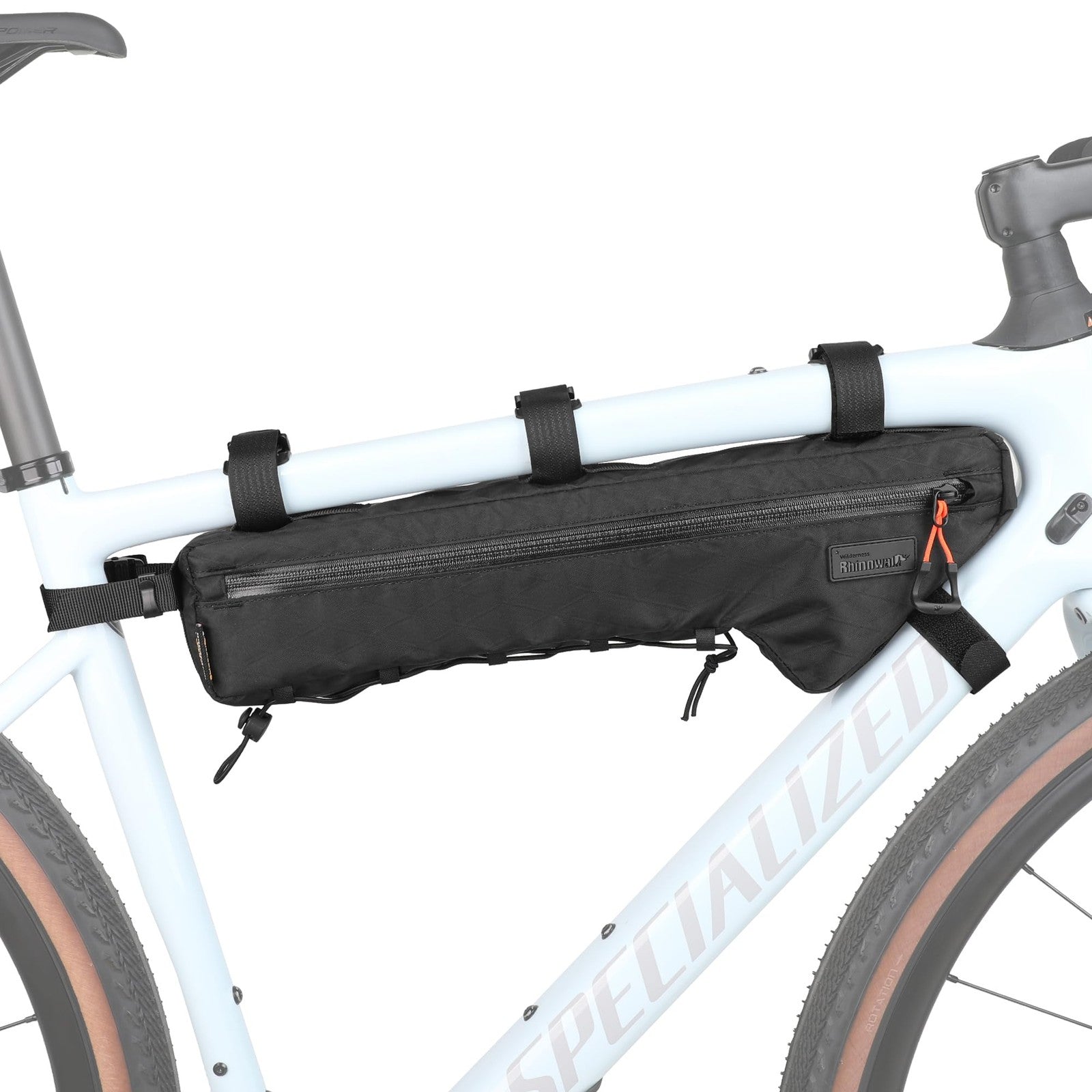 Rhinowalk bicycle front frame bag mounted under top tube, waterproof triangle bag for bike accessories and storage.