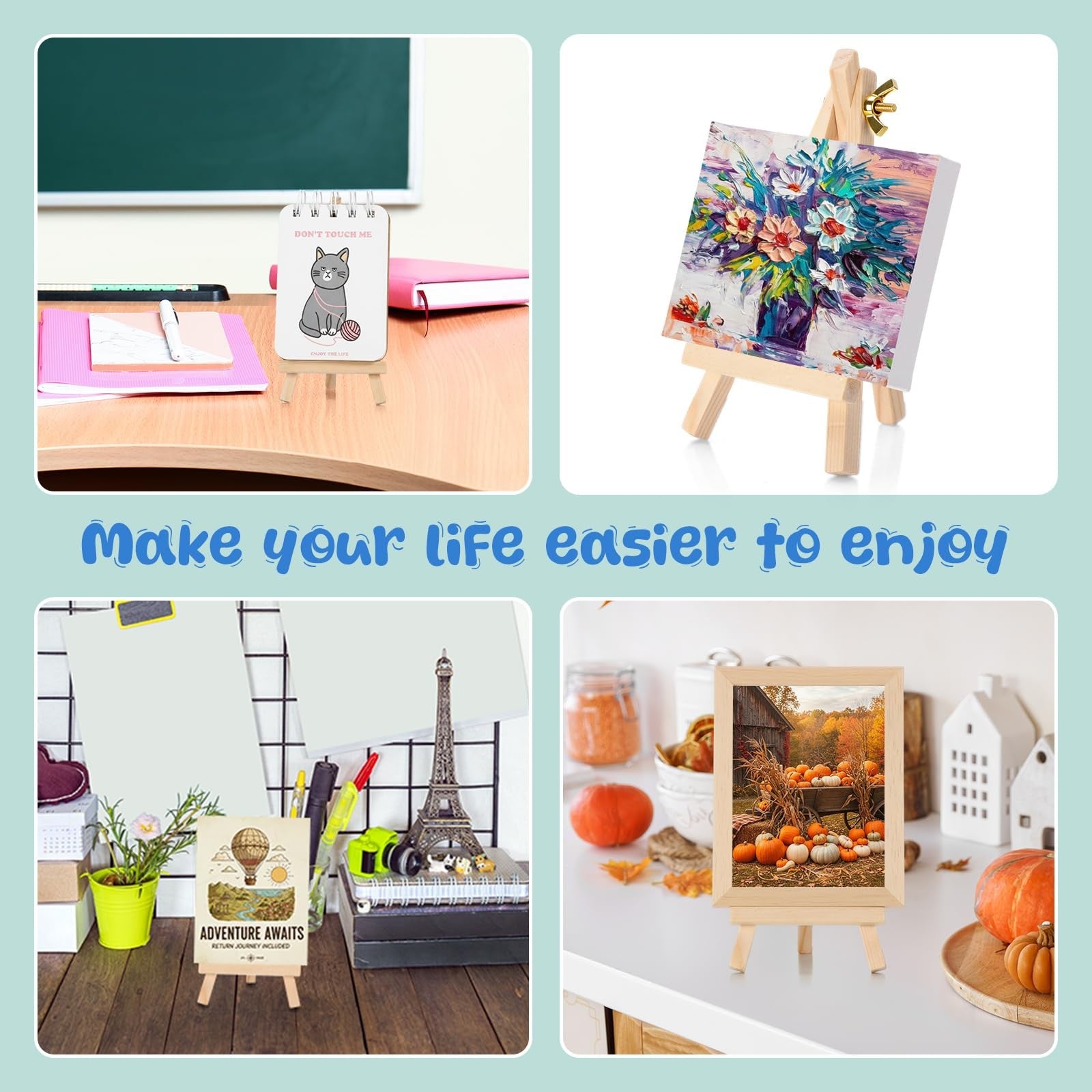 Set of 10 Thenshop 6-inch natural wooden mini easel stands for artists, displayed with small canvases and art supplies.
