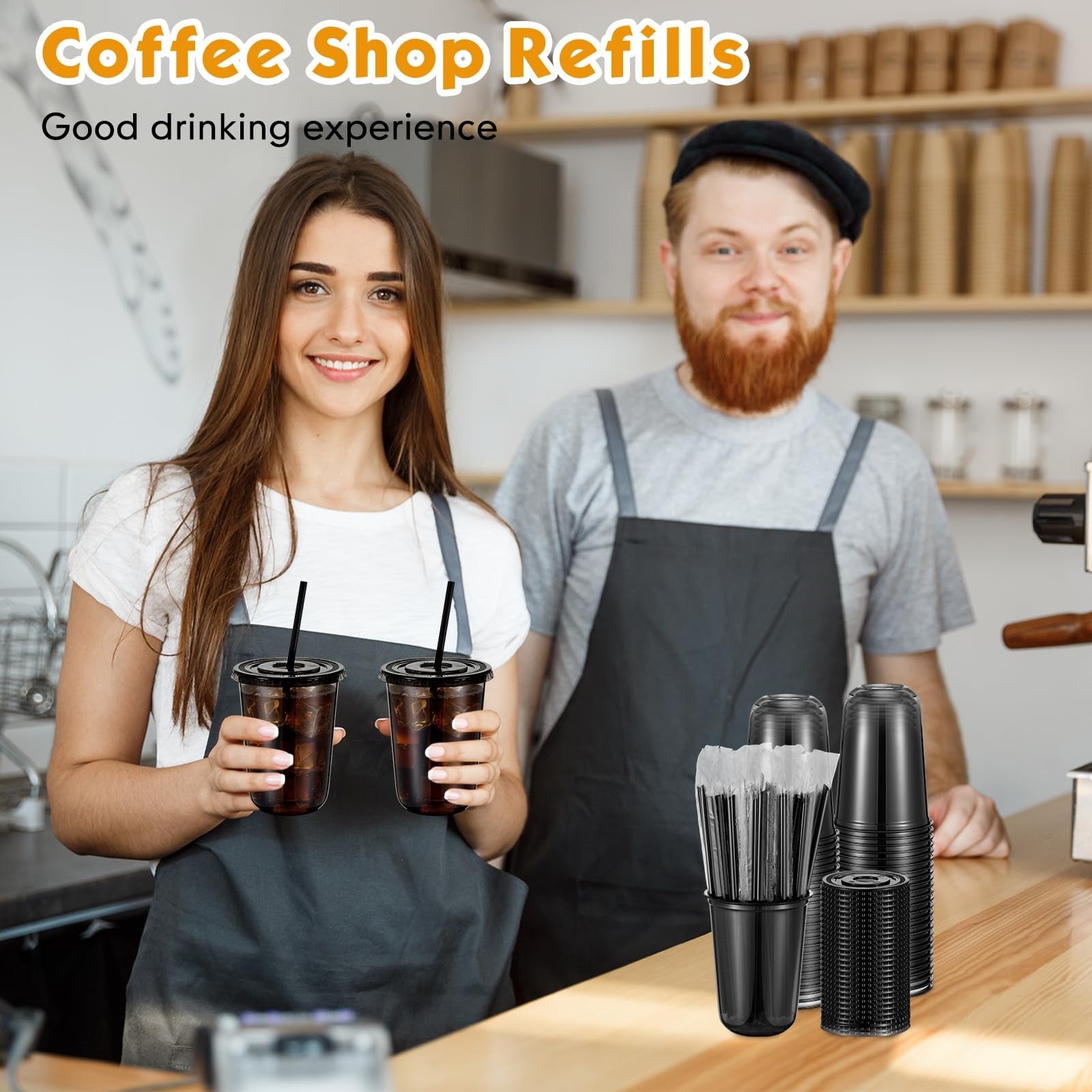 Set of 16 oz clear plastic cups with lids and straws from Ziliny, PET disposable cups for iced beverages.