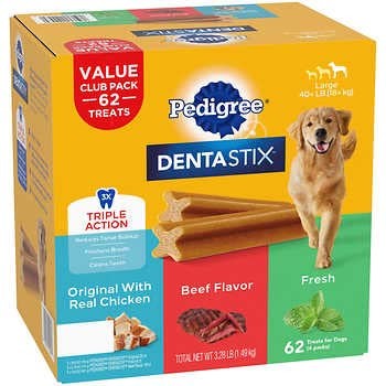 Pedigree Dentastix variety pack with 65 dental chews in three flavors for dogs, shown in a 3.5 lb bag.