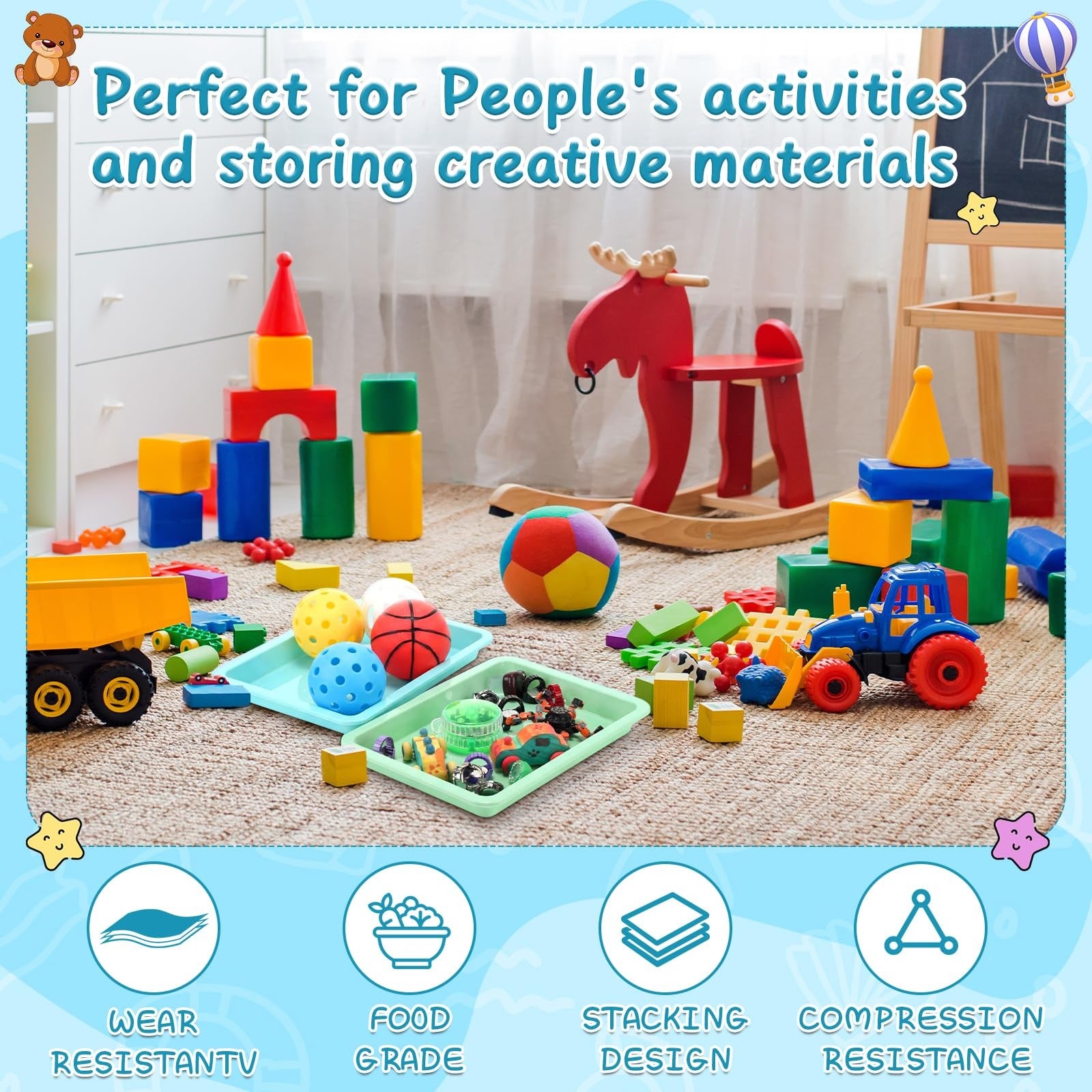 Set of 20 multicolor plastic art sand trays by Mimorou, stackable sensory activity trays for creative and educational play.