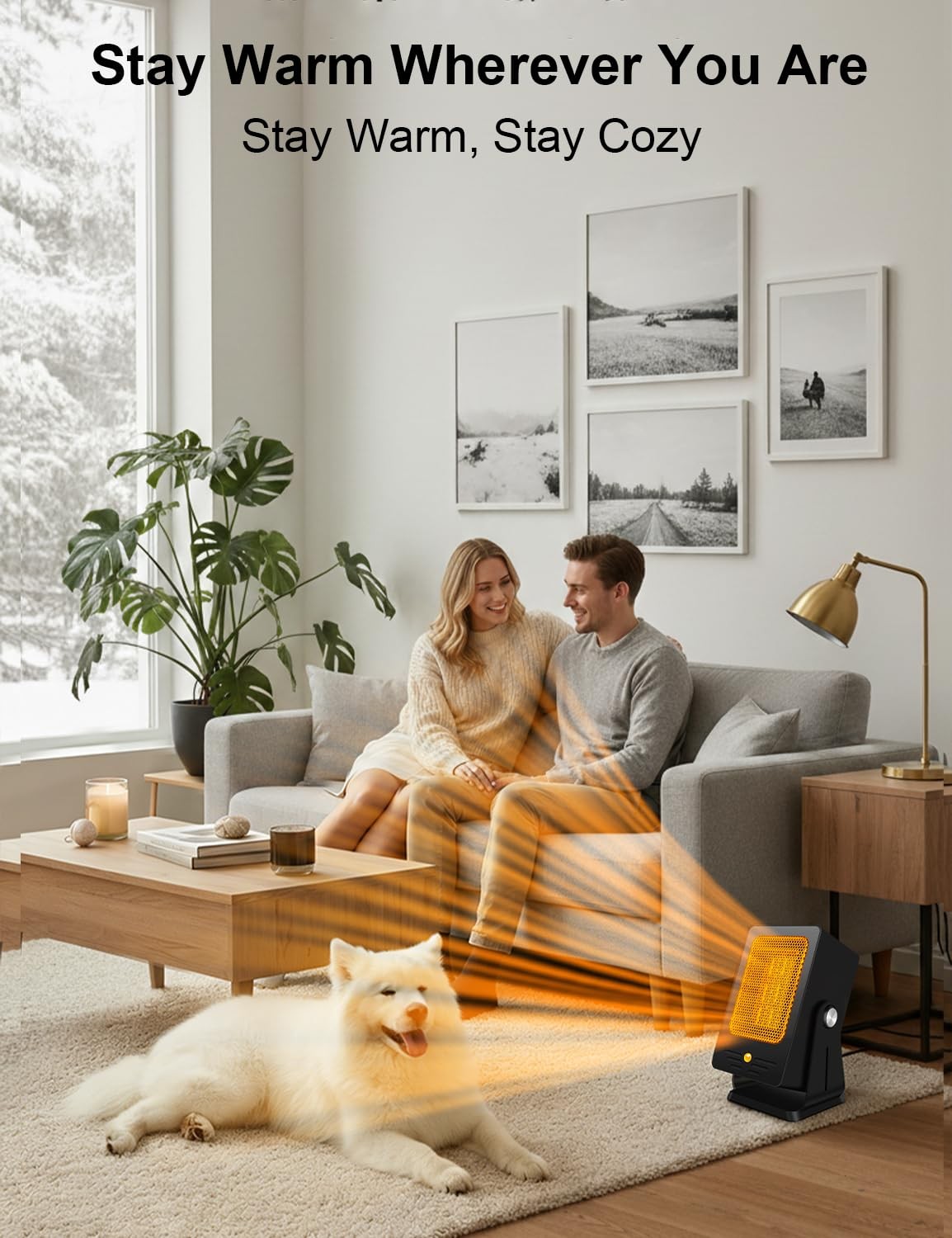 Verminget space heater for indoor use, small desktop PTC heater with a sleek design and visible heating grille.