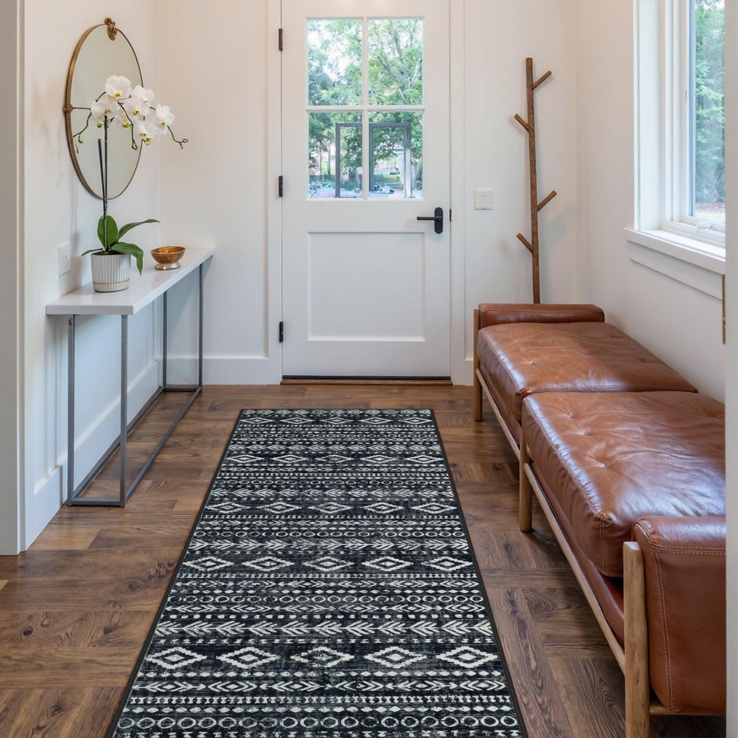Lahome Boho Moroccan hallway runner rug with black and white geometric patterns, washable and designed for hallway decor.