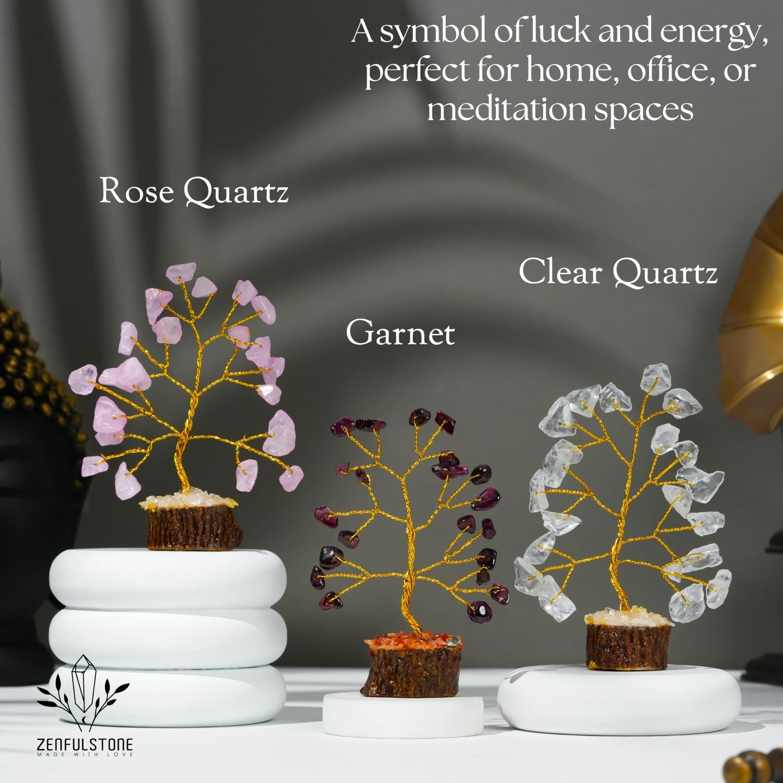 Set of 12 handcrafted crystal Tree of Life chakra gifts for women by ZENFULSTONE, featuring small, detailed crystal trees.