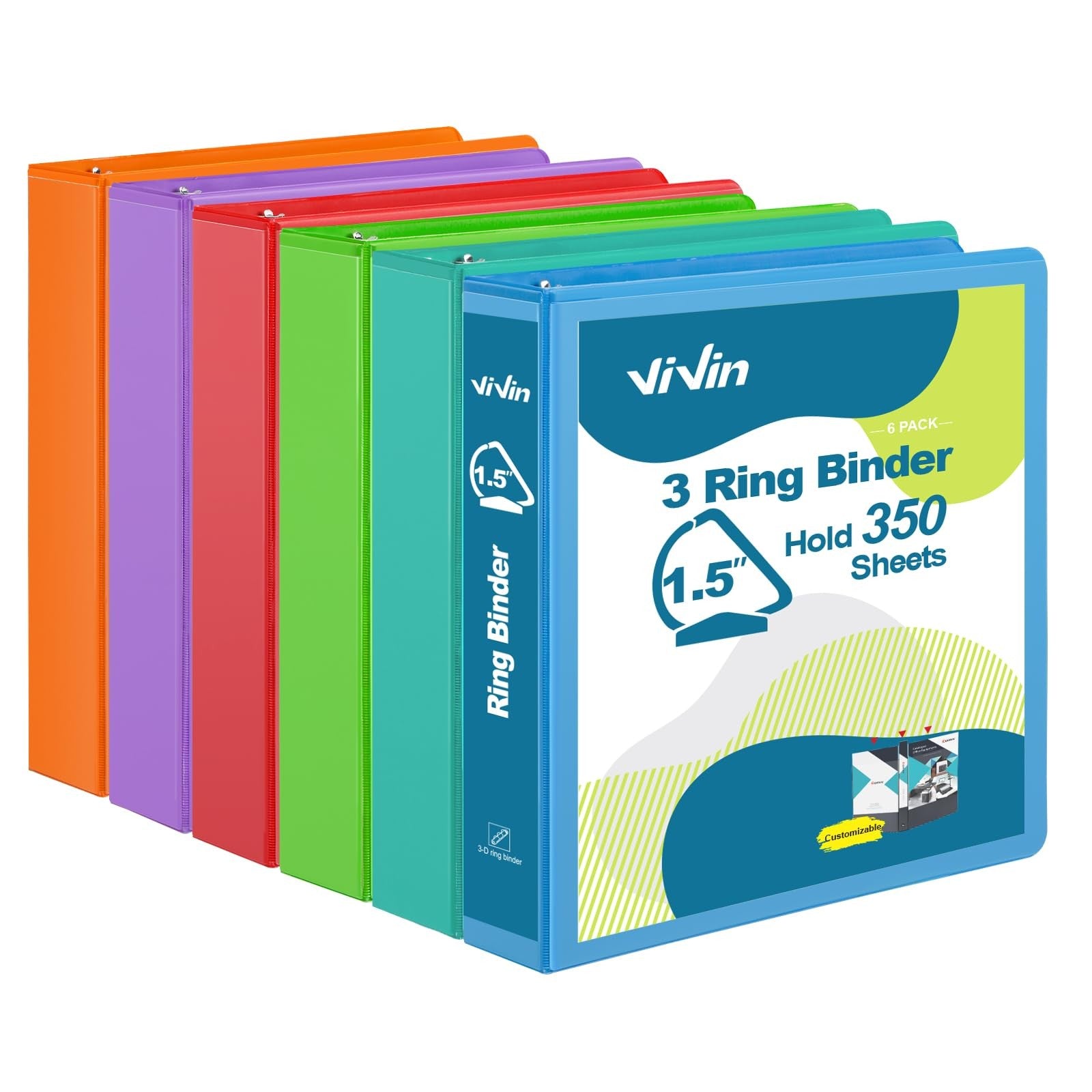 ViVin 1.5-inch PVC-free 3-ring binder with pockets and slant-D rings, ideal for organizing documents and files.
