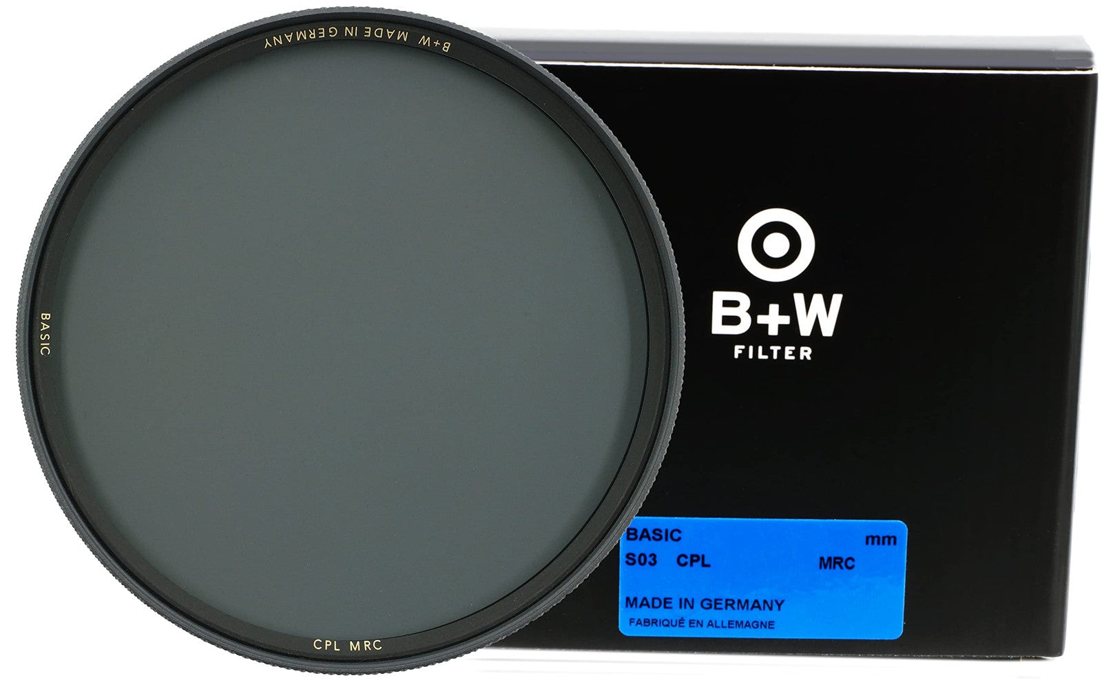 B+W 46mm Basic MRC Circular Polarizer glass filter for autofocus camera lenses, showing the filter's transparent glass and frame.