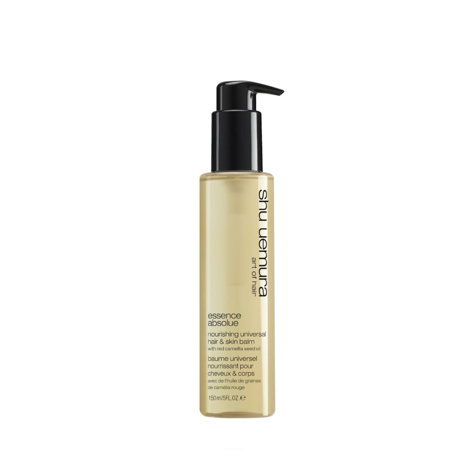 shu uemura art of hair Essence Absolue Nourishing Universal Balm jar with gold cap and product label, designed for hair nourishment.