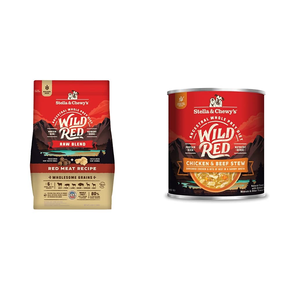 Stella & Chewy's Wild Red Raw Blend dry dog food in a bag, featuring wholesome grains and red meat for optimal nutrition.