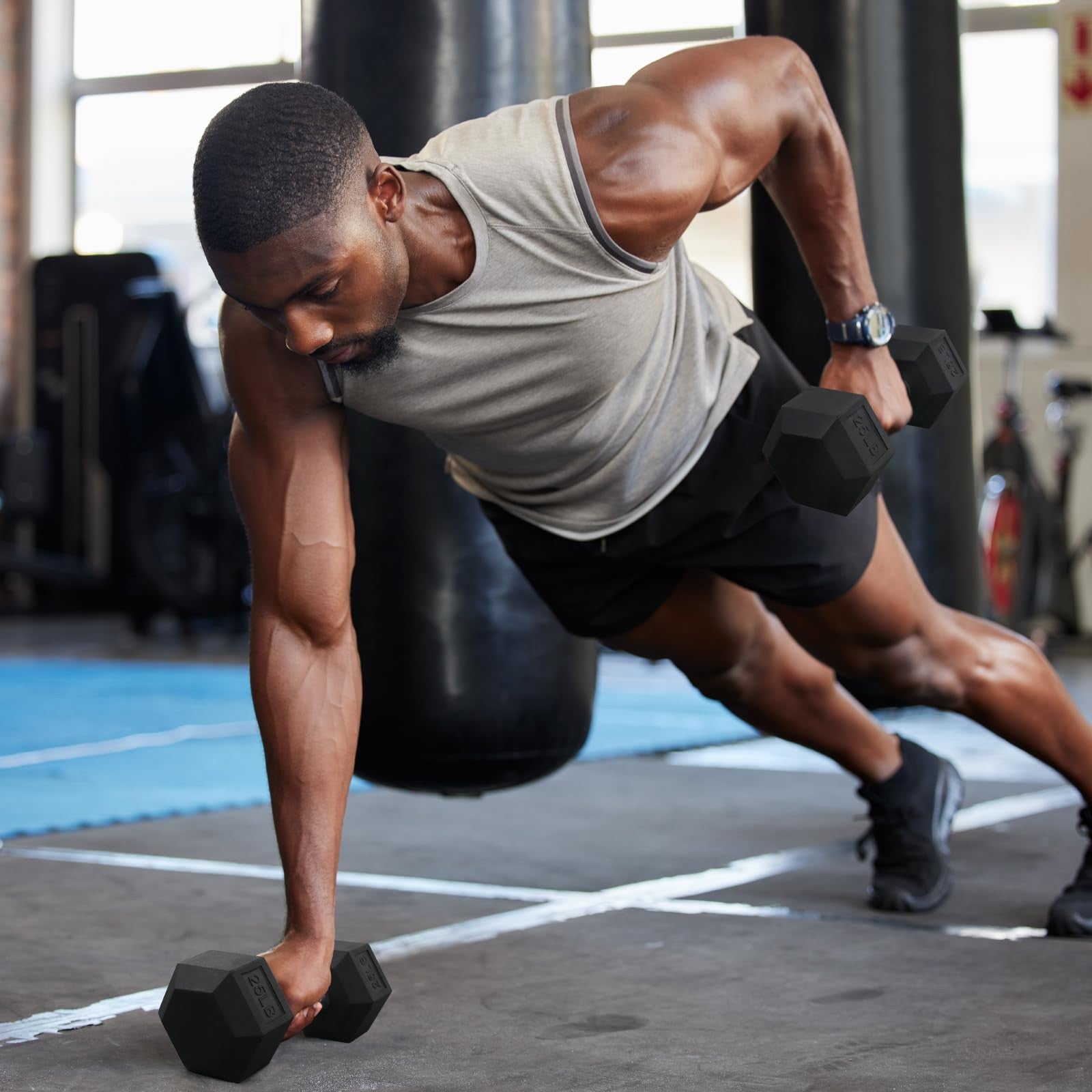 Pair of RitFit 10Lb rubber-coated dumbbells with optional storage rack for home or gym strength training.
