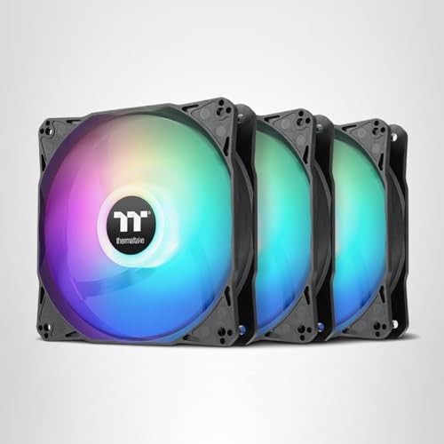 Set of three Thermaltake LE120 ARGB PWM 120mm case fans with RGB lighting and adjustable speeds for PC cooling and airflow.