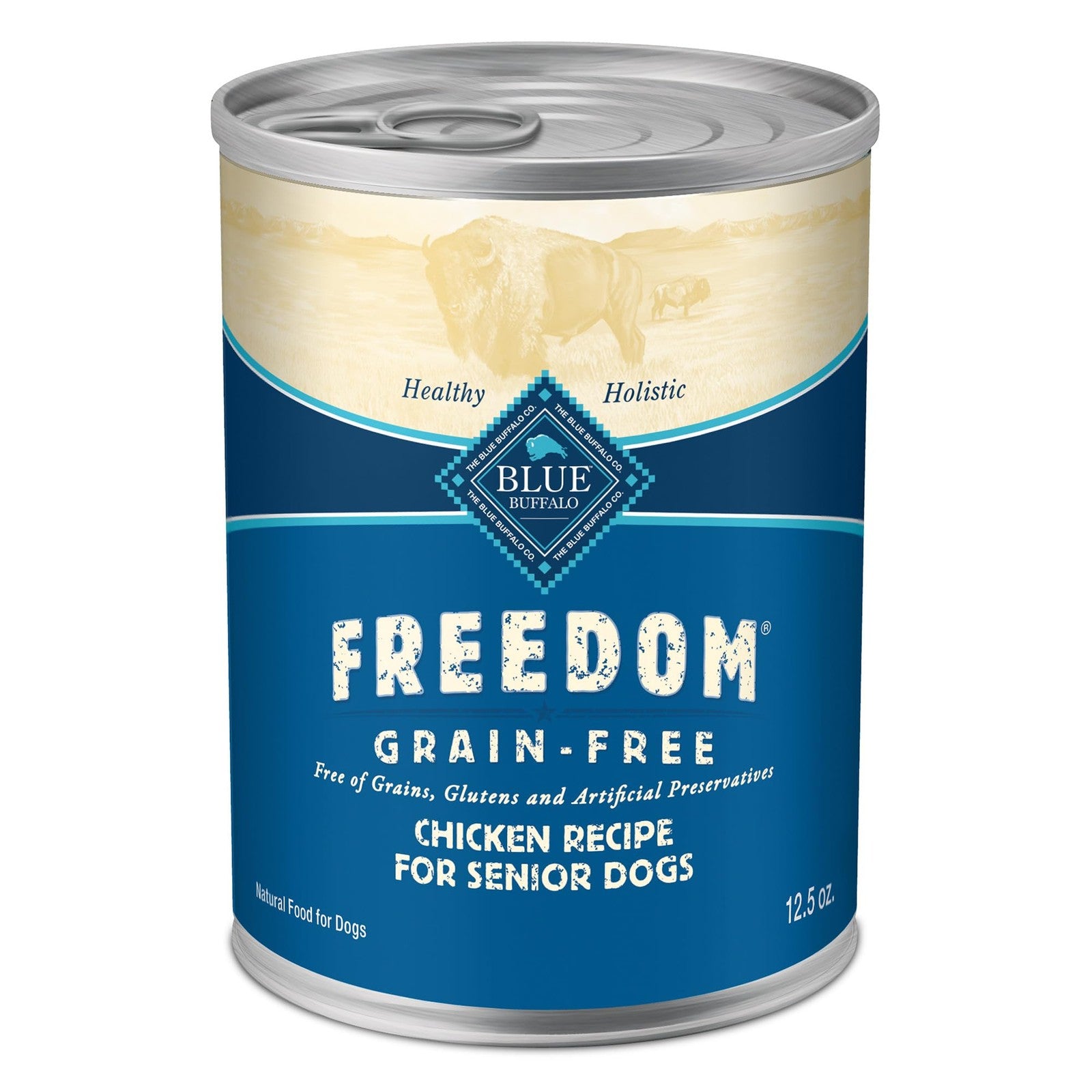 Blue Buffalo Freedom grain-free senior wet dog food in a can, showing the product label with blue and white packaging.