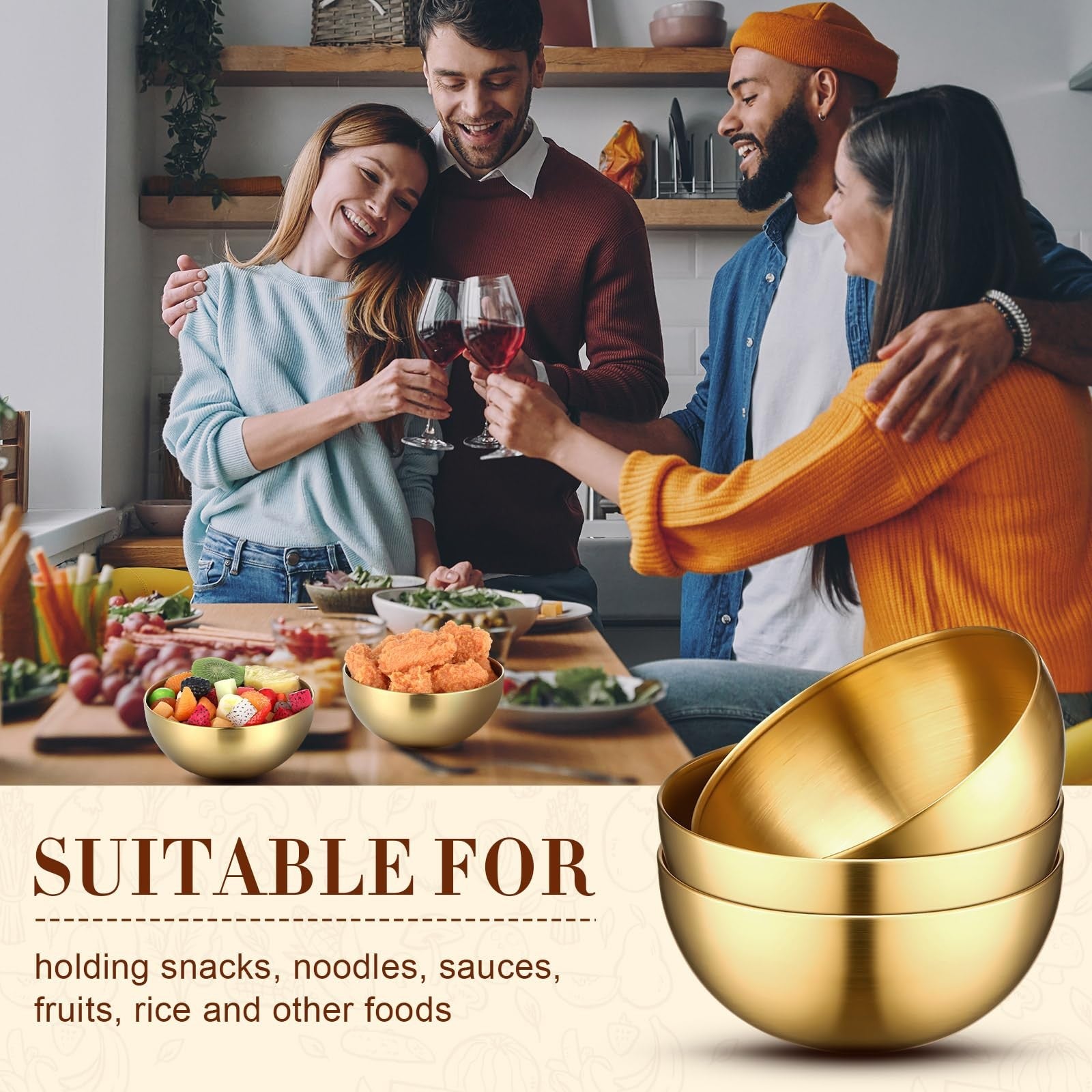 Six Nuogo stainless steel mixing bowls with decorative gold finish, ideal for kitchen prep and stylish presentation.
