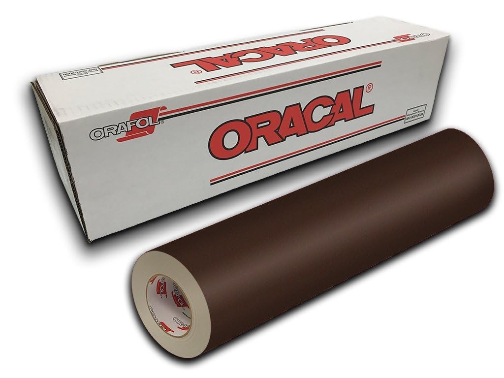 Brown Oracal 631 Exhibition Cal Matte Finish vinyl roll with transfer paper, 12 inches by 50 feet, for craft and signage projects.