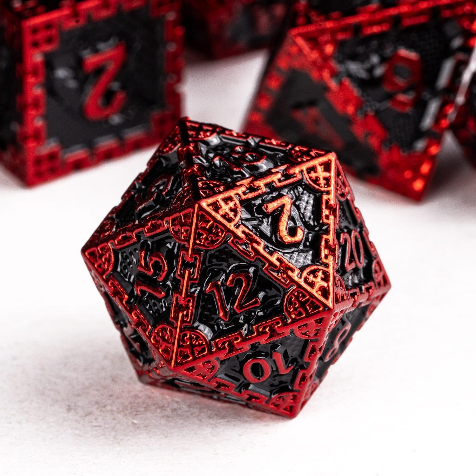 UDIXI metal DND dice set with seven polyhedral dice featuring dragon engravings, perfect for tabletop role-playing games.