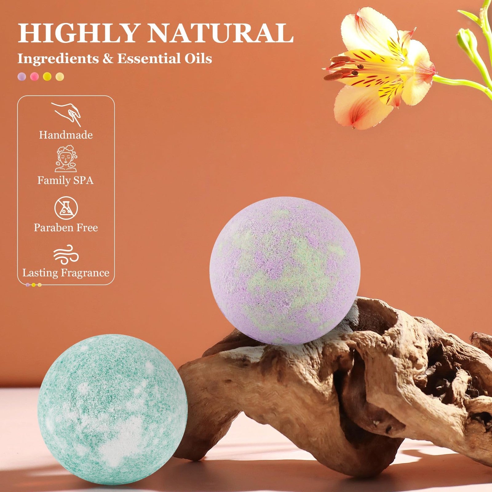 IvyWorkshop bath bomb gift set with 50 natural organic bubble bath bombs, featuring a close-up of 10 colorful bath bombs for women
