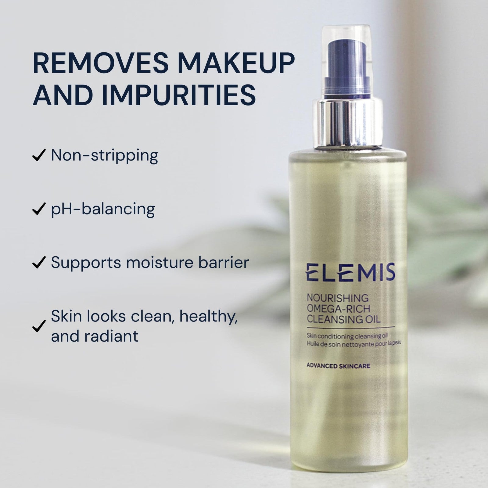 ELEMIS Nourishing Omega-Rich Cleansing Oil bottle, skin conditioning cleansing oil for nourishing and cleansing skin.