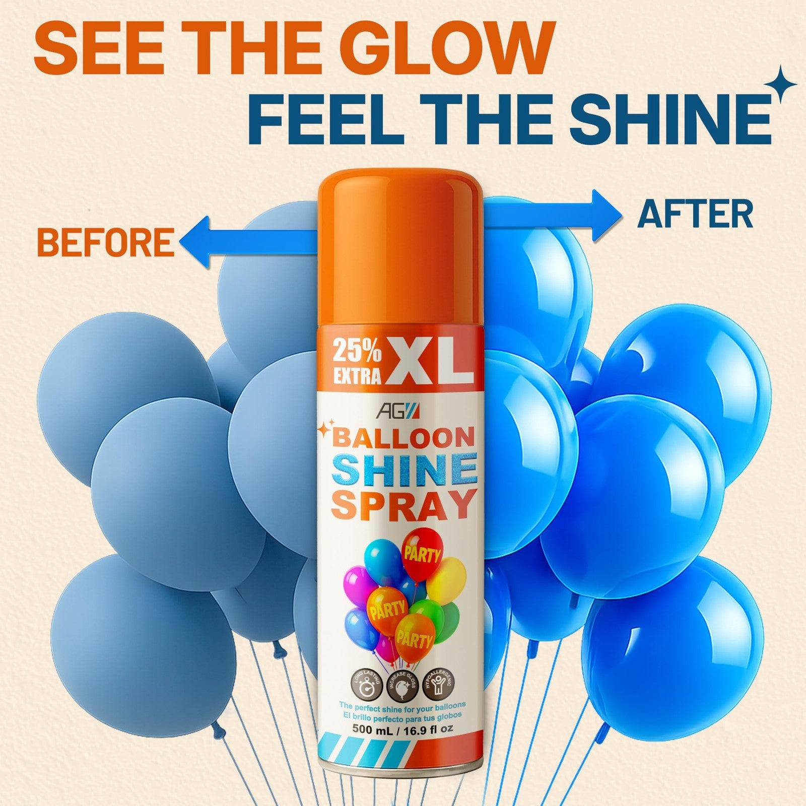 Ag Adhesive Guru Balloon Shine Spray, high gloss finish for latex balloons, 3 bottles of 16.9 fl oz, with spray nozzle visible.