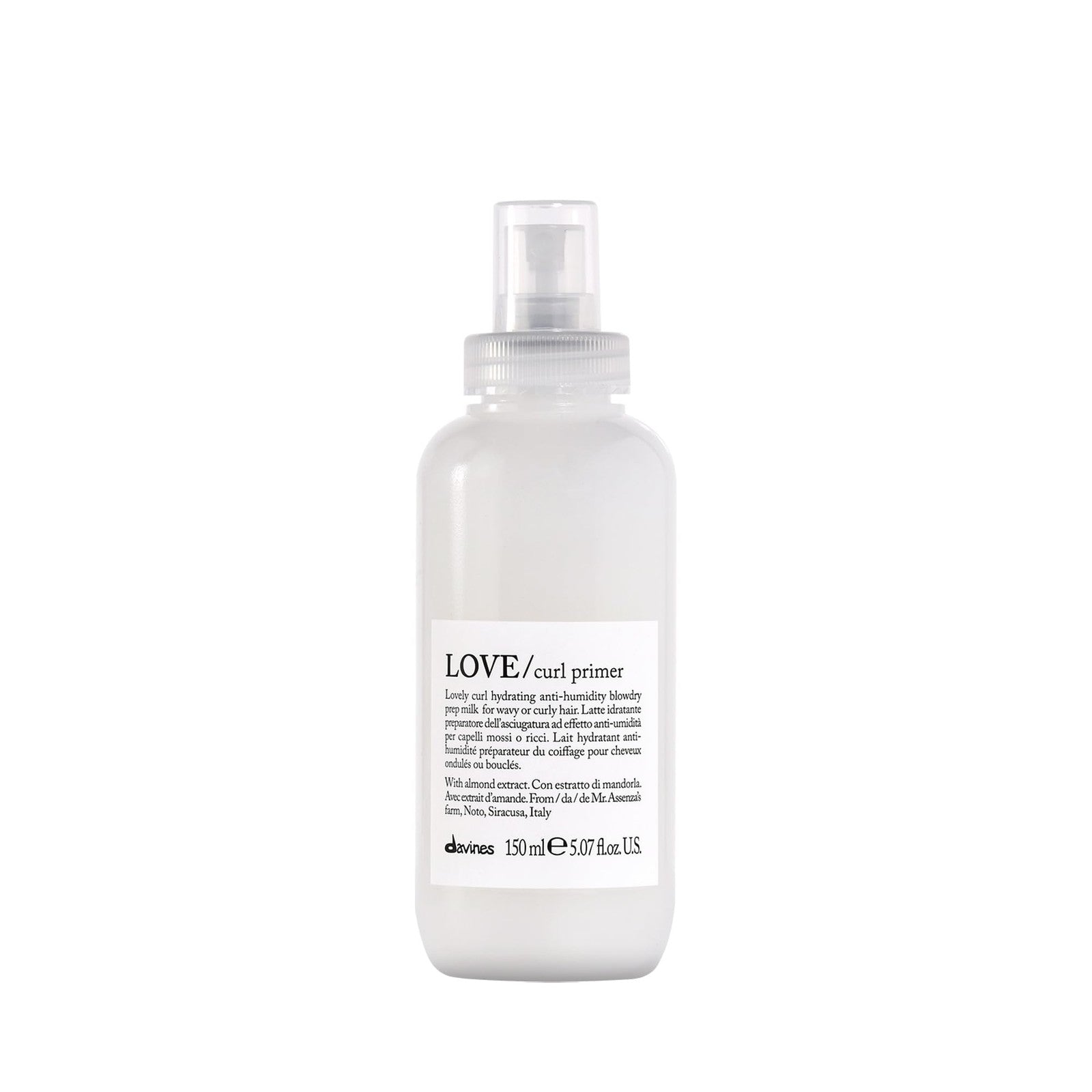 Davines LOVE Curl Primer moisturizing anti-humidity heat protectant spray for curly hair, shown in the image.