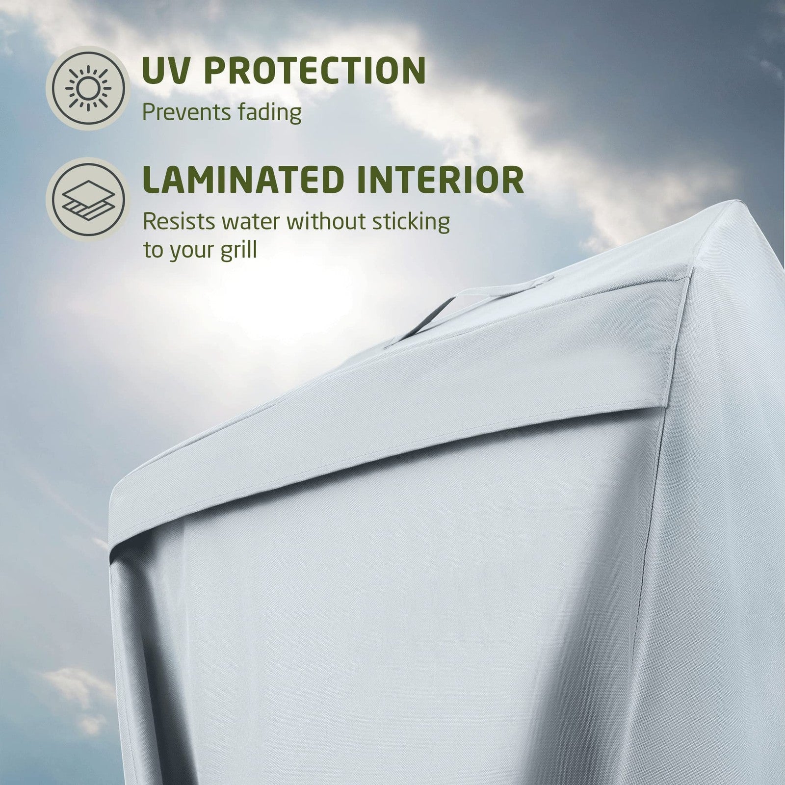 Waterproof 64-inch Zober BBQ grill cover with double-layer design fitting Weber gas grills, shown covering a grill in outdoor setting.