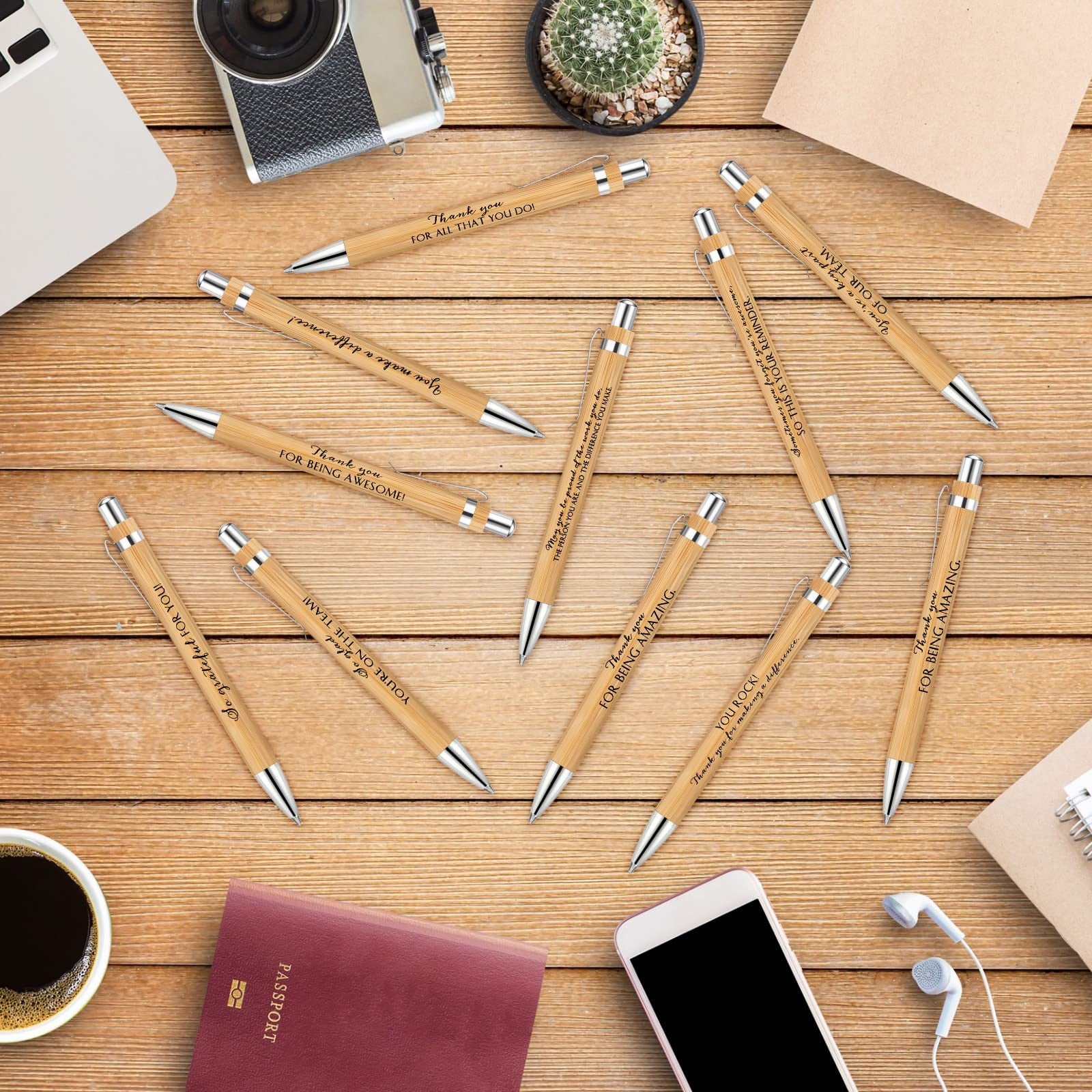 ReliThick bamboo ballpoint pens in a bulk set, ideal for employee appreciation gifts, featuring inspirational designs.