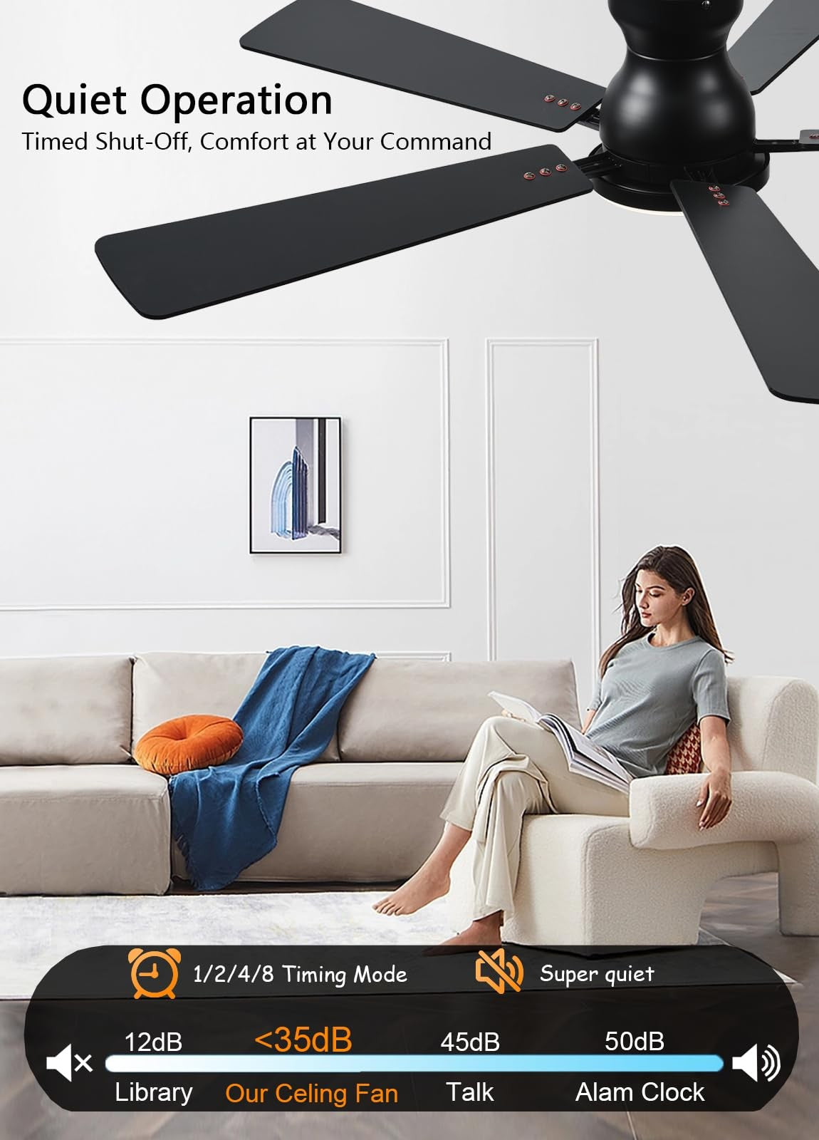 JSAITEE 52-inch ceiling fan with integrated light, remote control, and app compatibility, mounted on a ceiling with modern decor.
