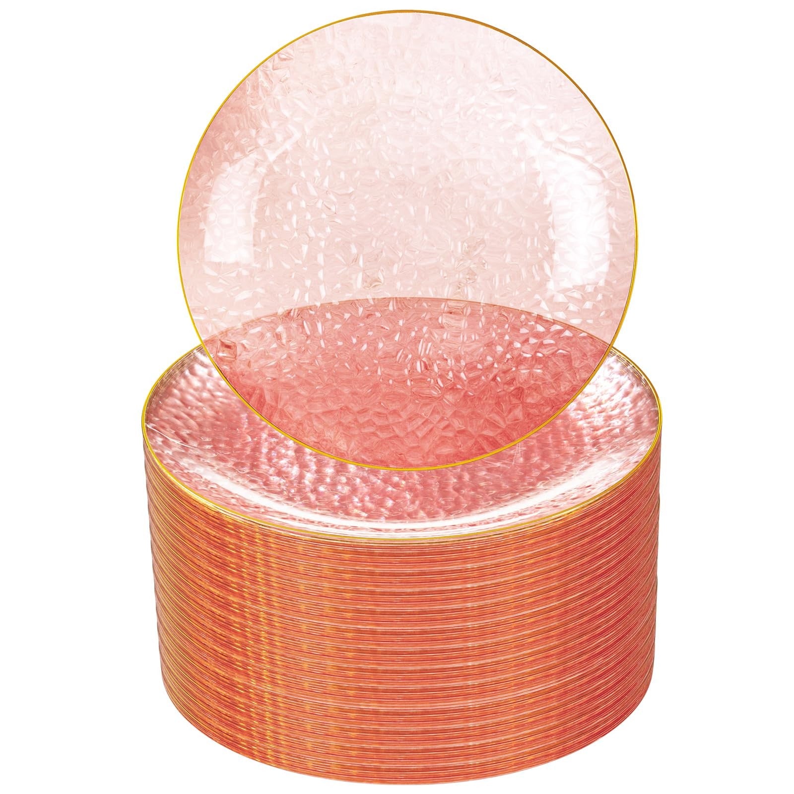 Set of 100 pink and gold plastic dinner plates by Rubtlamp, 10-inch clear pink and gold disposable plates for parties or events.