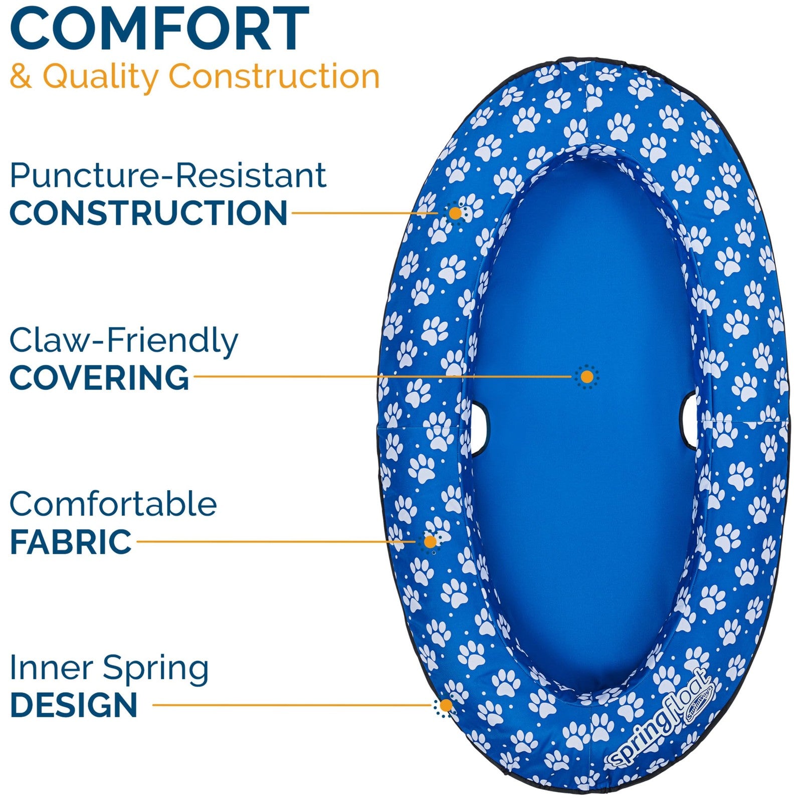 Large blue Swimways Paddle Paws Spring Float dog raft for dogs 65 lbs and up, featuring a comfortable floating platform with paw print design.