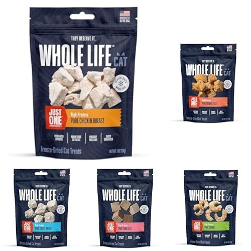 Whole Life Pet Products Whole Life Cat Just One freeze-dried cat treats variety pack with chicken and salmon treats in a clear bag.