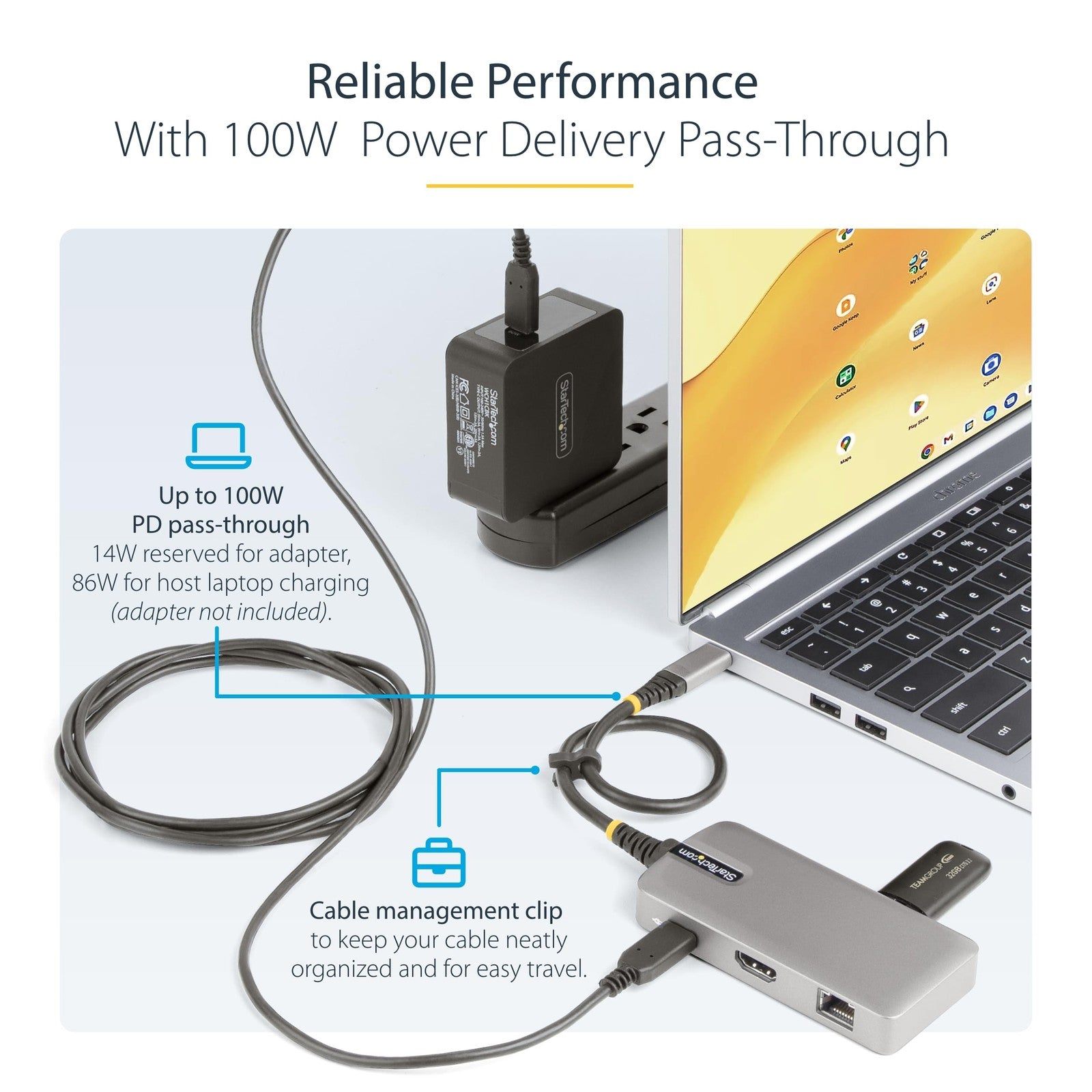 StarTech USB-C docking station connected to MacBook Pro and Windows laptop, displaying multiple ports and 4K display output.