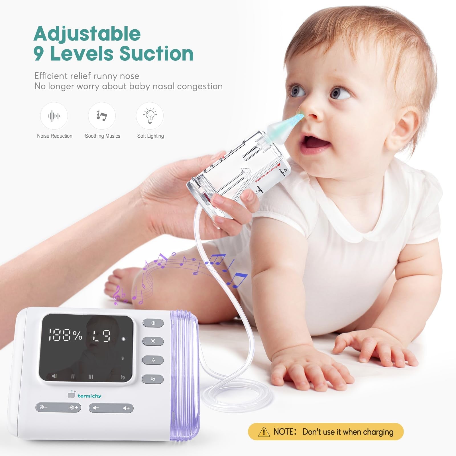 Termichy electric nasal aspirator for babies with rechargeable design and 9 suction levels, used to clear infants' nasal passages.