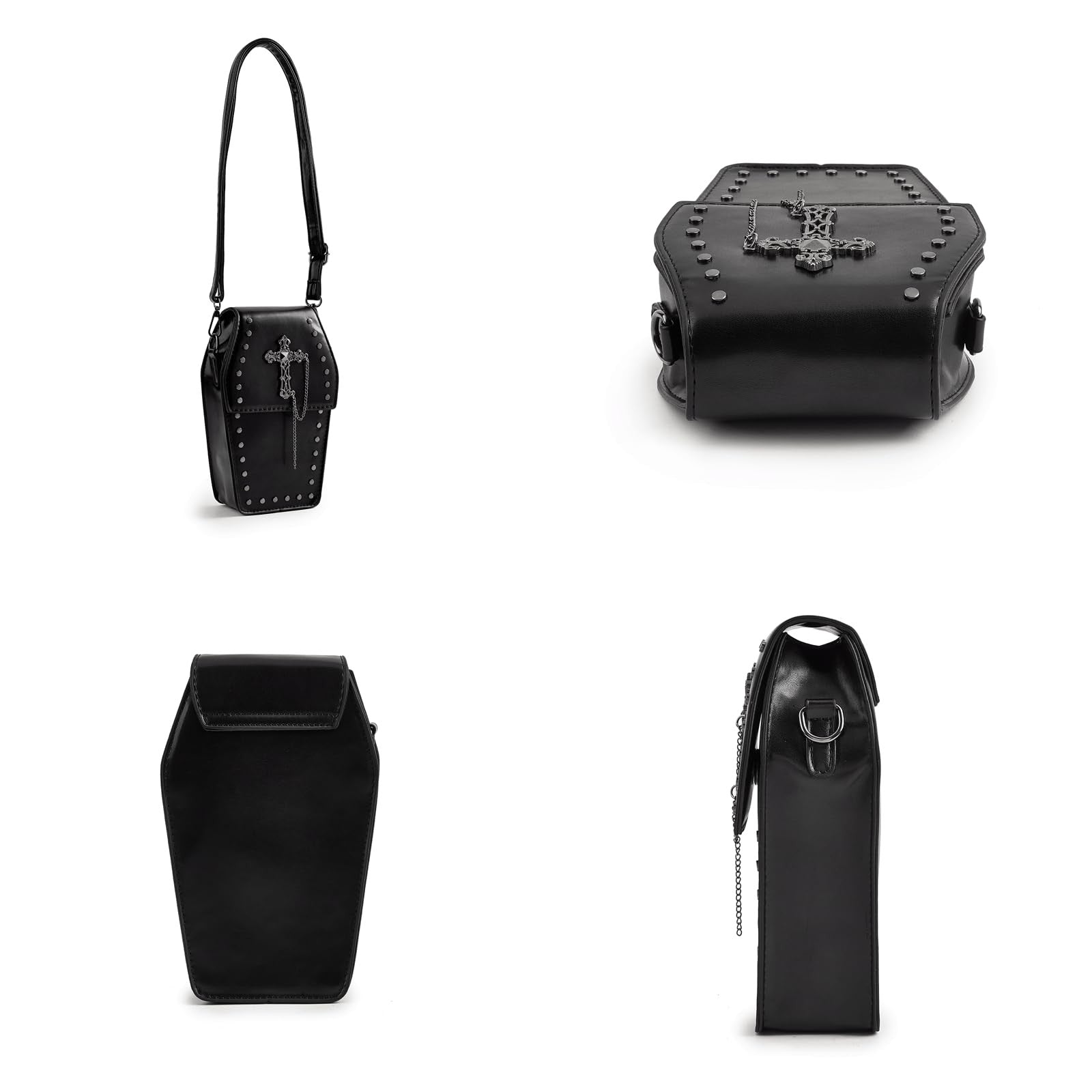 Goth coffin-shaped black shoulder purse with cross design by LOTUSTAR, perfect for Halloween or gothic fashion.