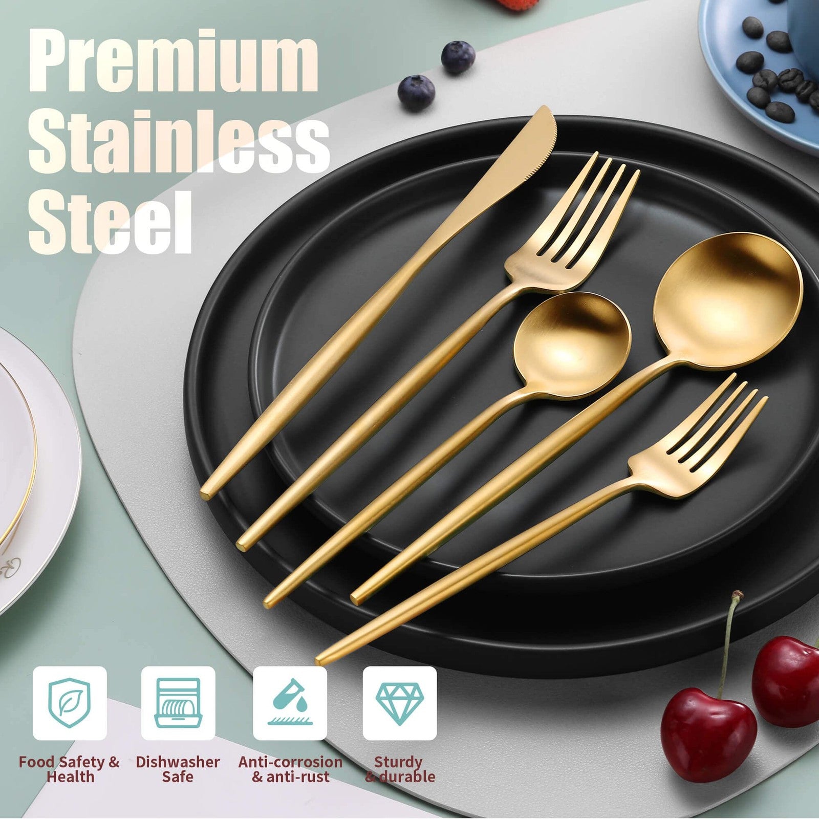 Lemeya matte gold and silver stainless steel cutlery set for 4 with brushed finish, modern design and sleek silverware for dining.