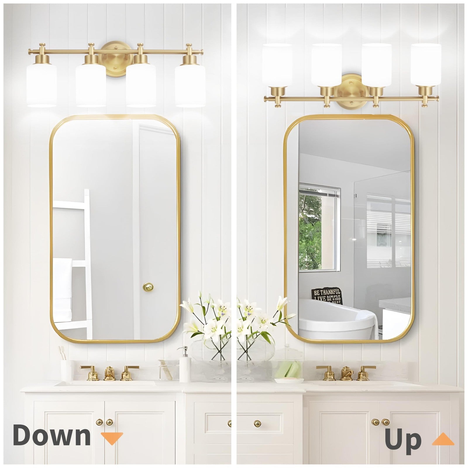 Imizdlum 4-light brushed gold bathroom vanity light fixture with modern design and clear glass shades for bathroom illumination.