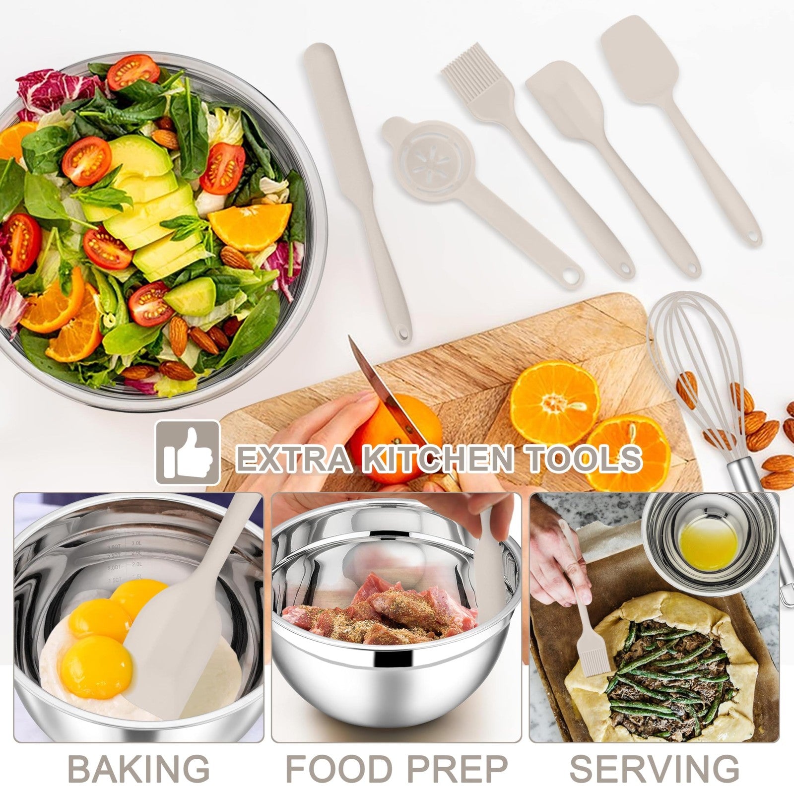 Set of 21 stainless steel mixing bowls with lids from E-far, showing various sizes stacked and with lids on a kitchen surface.