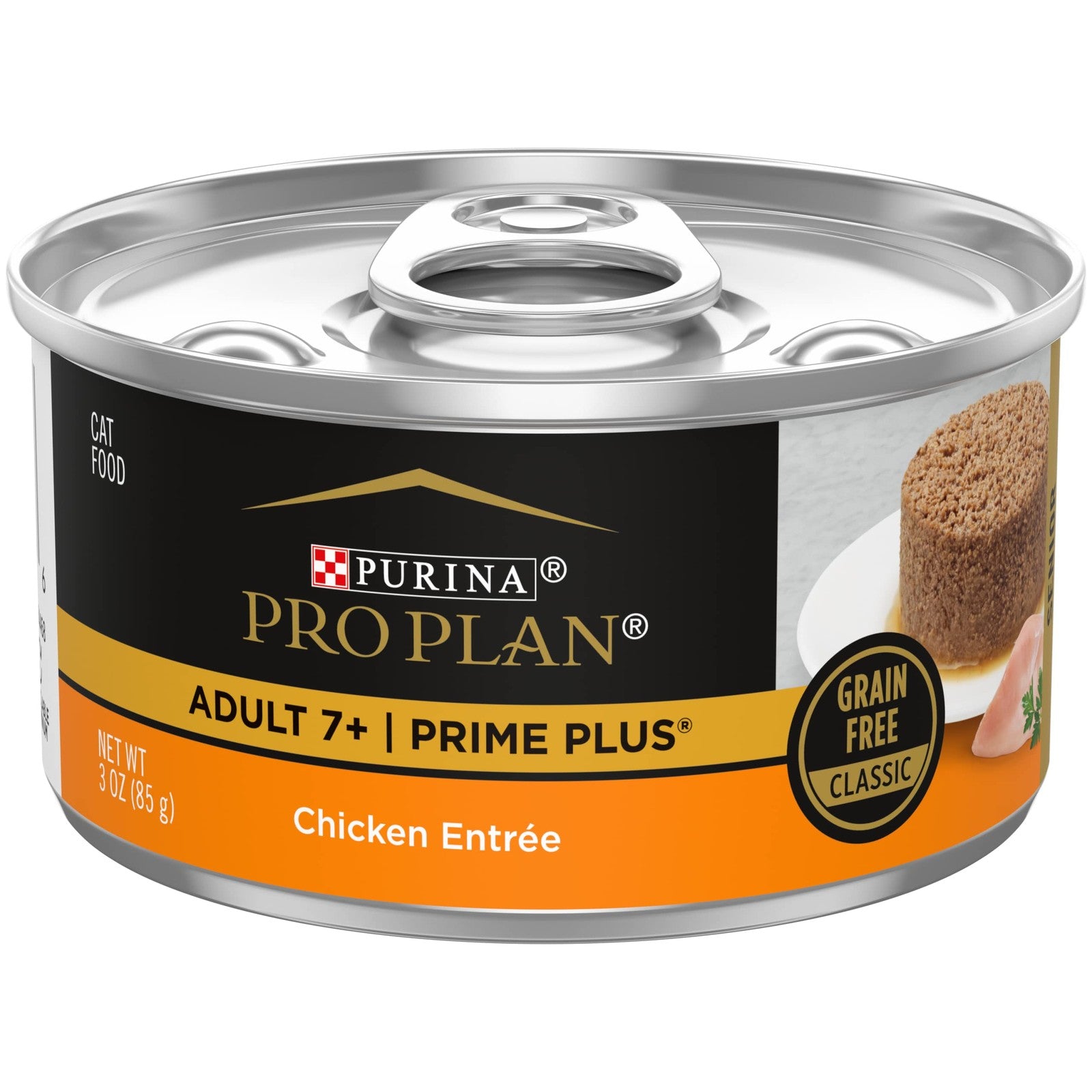 Cans of Purina Pro Plan Senior 7+ Prime Plus Chicken Grain-Free Wet Cat Food in pate form, suitable for older cats.