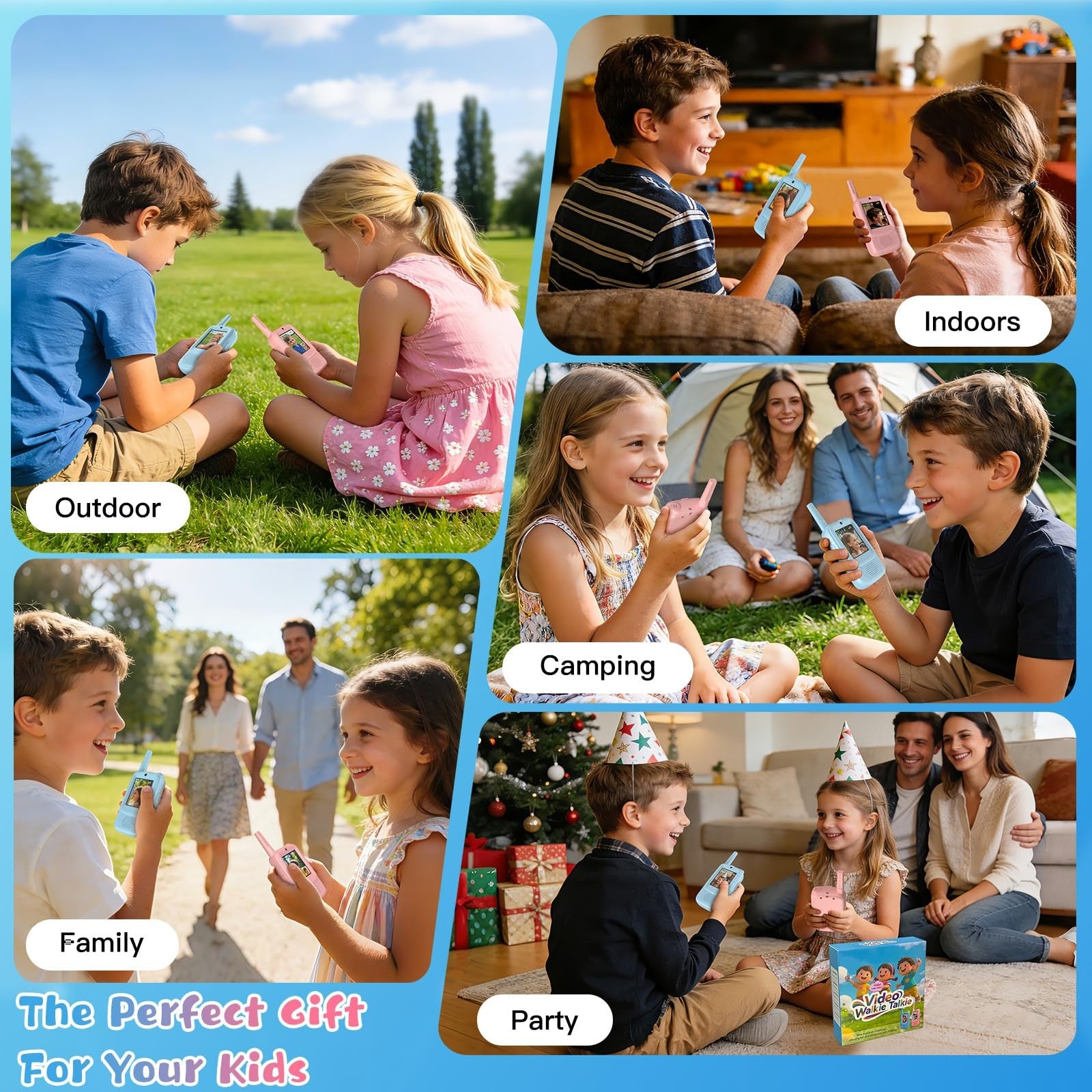 ZealSound video walkie talkies for kids, age 3-12, in a two-pack, featuring colorful handheld devices with screens and microphones.