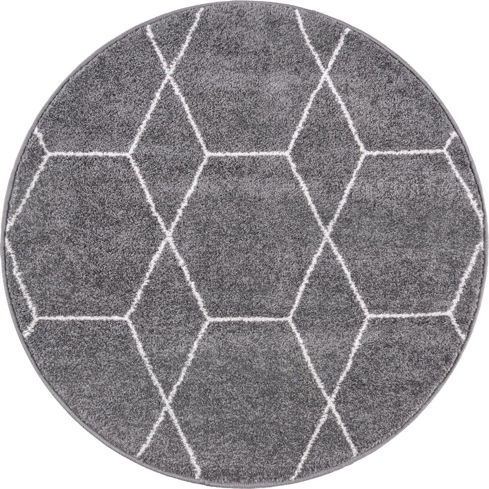 Dark gray geometric round area rug from Unique Loom Trellis Frieze Collection, featuring a modern trellis pattern.