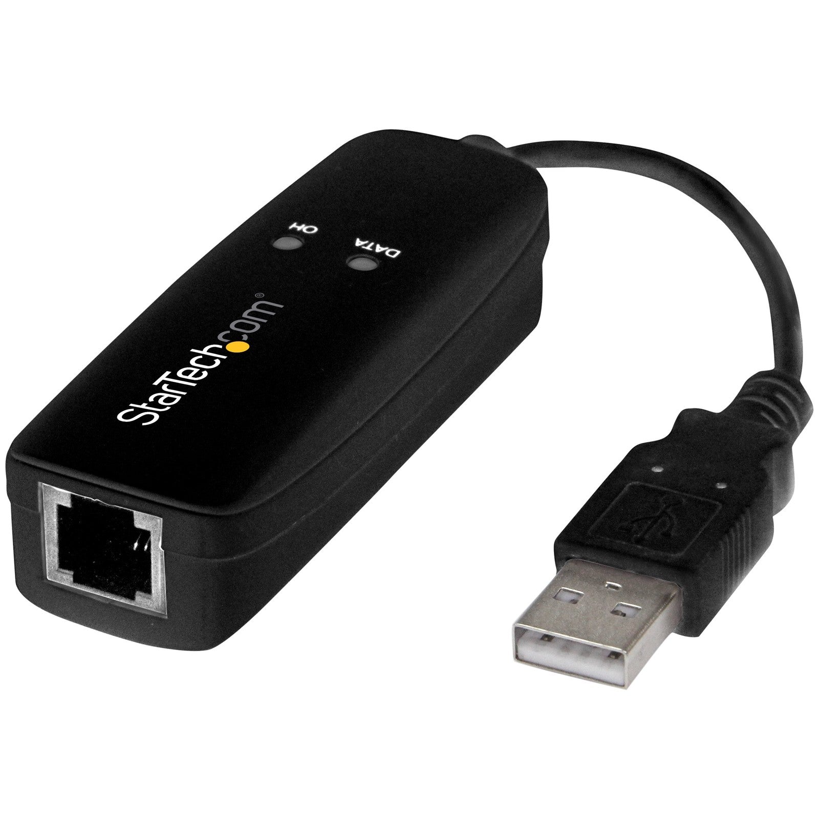 StarTech.com external 56K USB dial-up and fax modem with V.92 hardware-based design, connected via USB port.