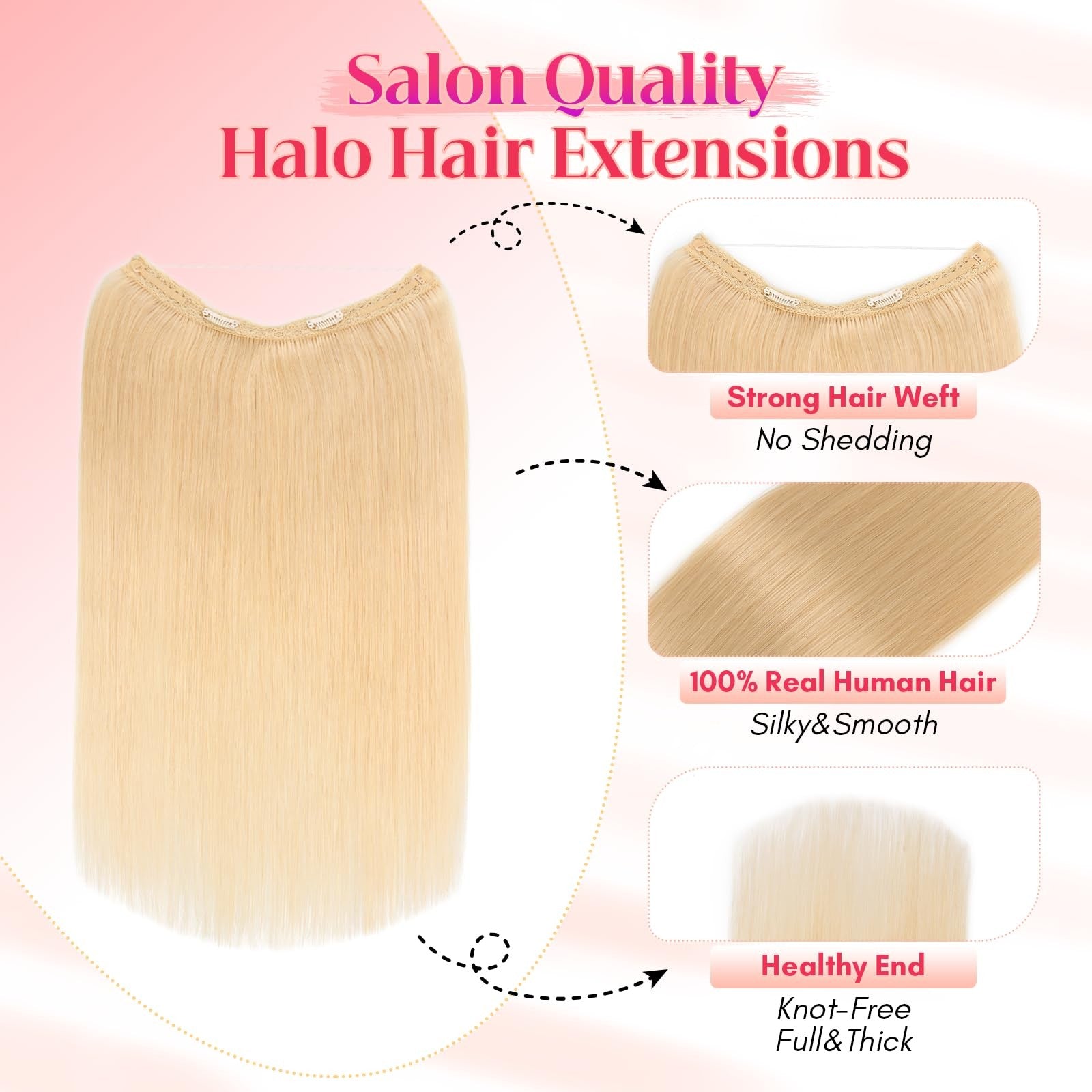 Rich Choices Halo Hair Extensions made of 100% Remy human hair, showcasing long, natural-looking extensions on a neutral background.